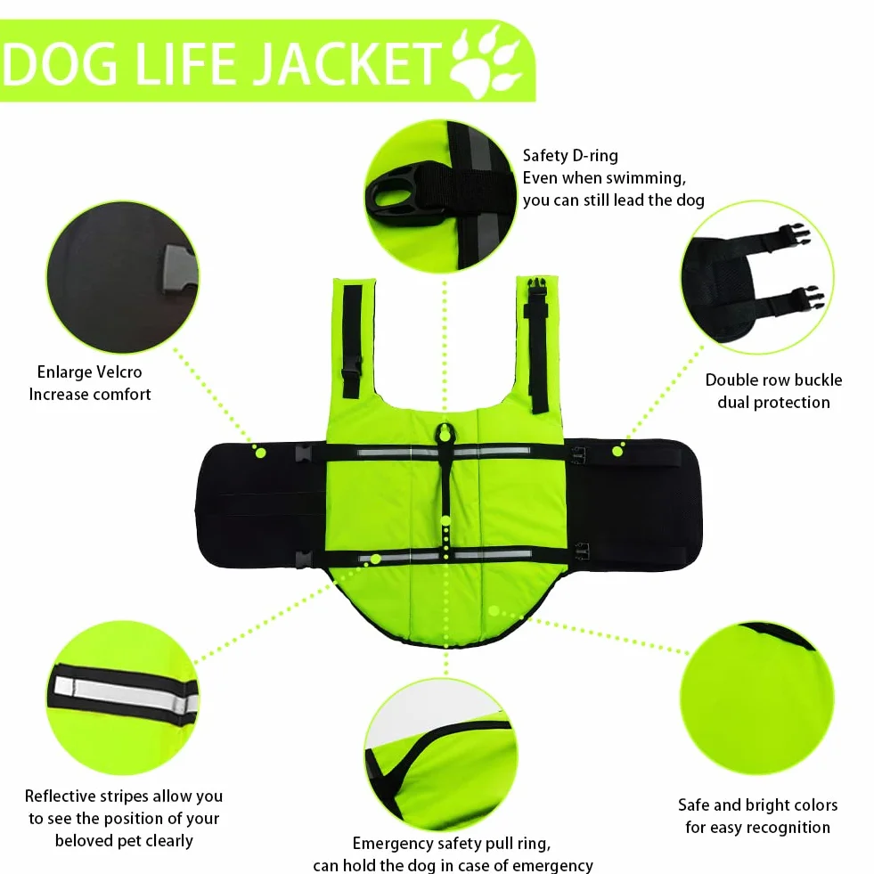 Gilet de Sauvetage Chien FainFun avec Bandes Réfléchissantes et Ceinture Réglable Vert XL