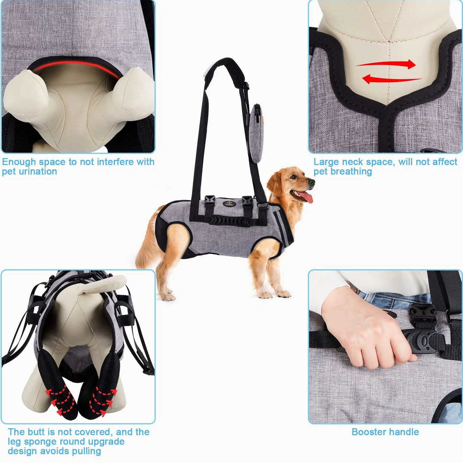 Ownpets Harnais de levage pour chiens de grande taille, harnais d'aide pour chien, doux, imperméable, réglable, réfléchissant, respirant, gris, XXXL
