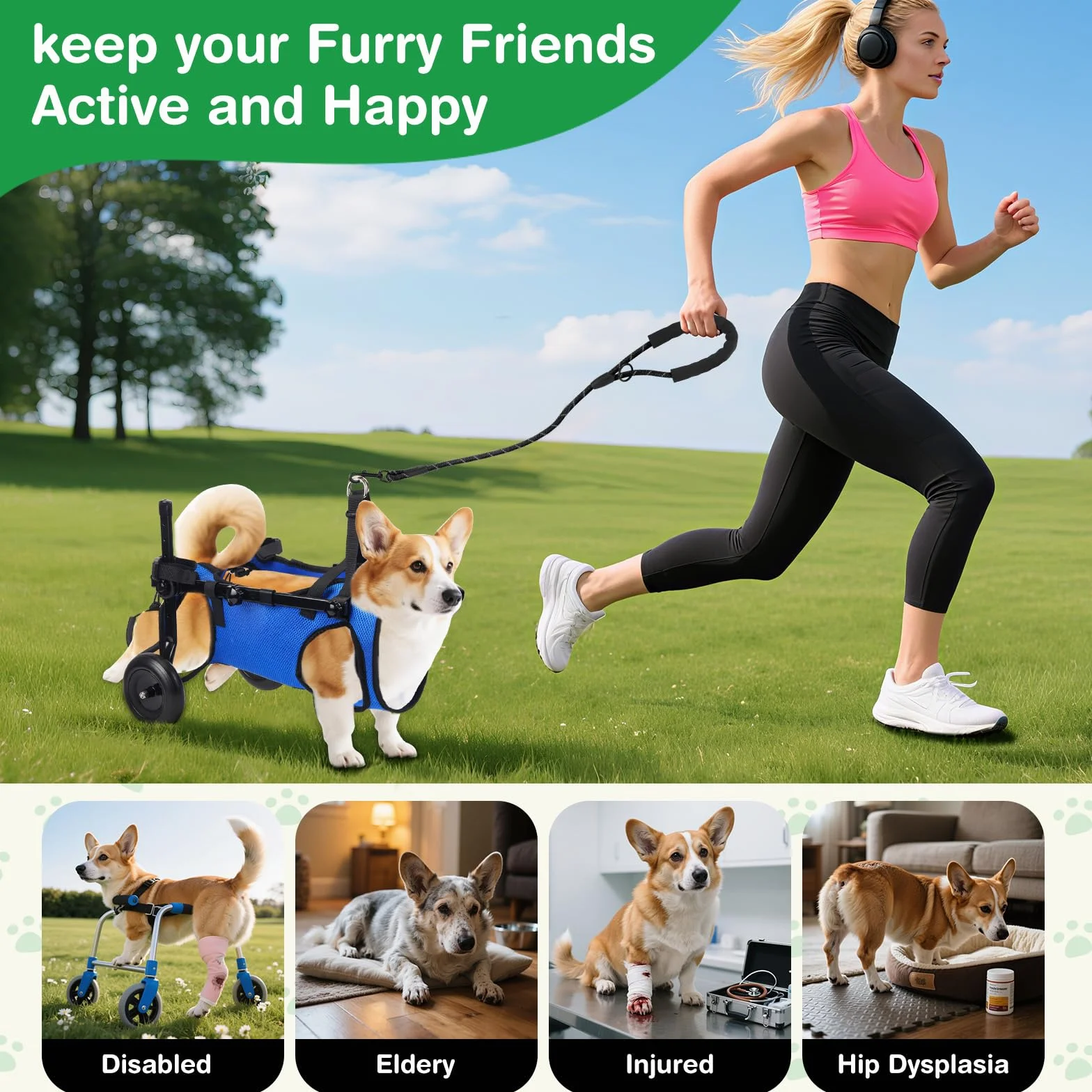 Fauteuil roulant réglable pour petits animaux de compagnie - Support jambe arrière pliable avec roues - Taille M