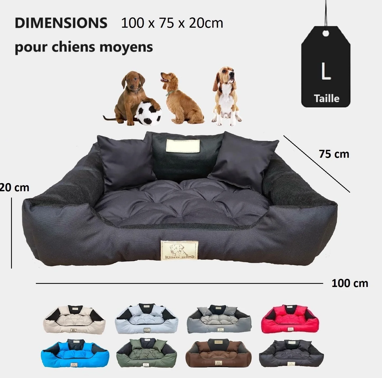 KING DOG Lit pour Grands Chiens 100x75 Noir Coussin Imperméable Canapé Adapté au Lavage