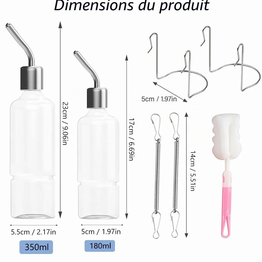 Biberon Lapin 2 Pièces Suspendus Distributeur Eau Rongeur 350 ML + 180 ML