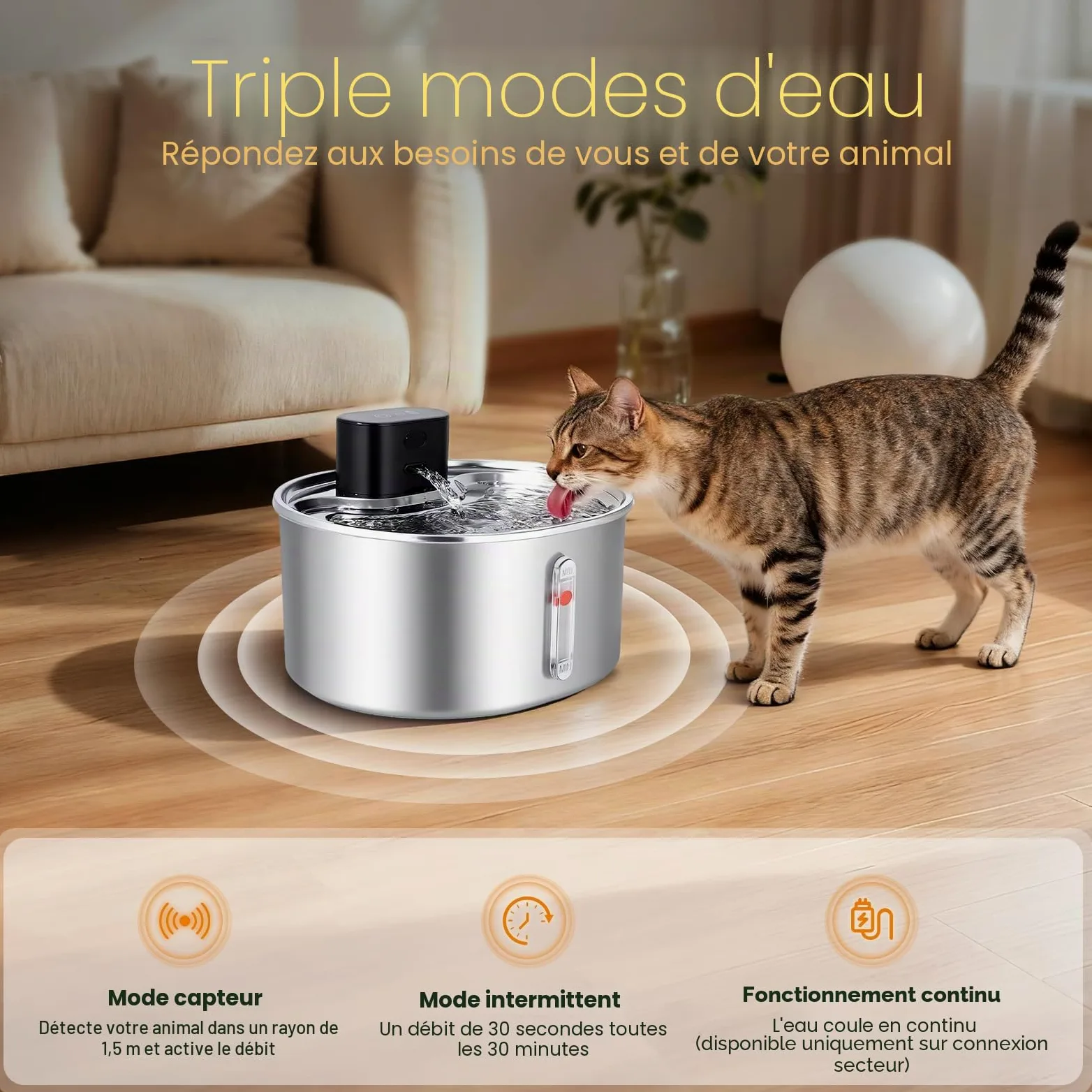 3.2L Fontaine a Eau Chat sans Fil INOX, Fontaine a Eau Chat Detecteur de Mouvement, Batterie 5000mAh, Silencieux, Équipé d'une Fonction Anti-Séchage, pour Chats et Petits Chiens