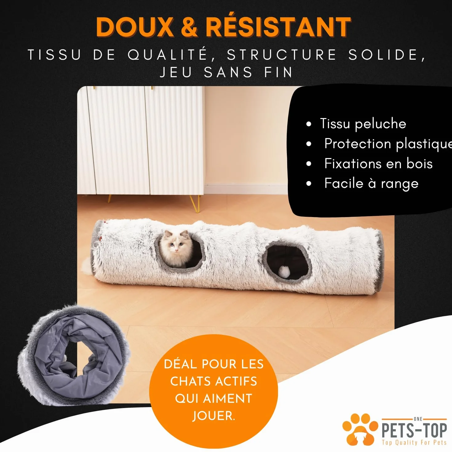 One PETS-TOP Tunnel Chat – Tunnel pour Chat XXL – Jouet Intéractif pour Interieur – en Peluche Douce – Tunnel Chien Furet Lapin – Tapis Cabane Cat Tunnel – 120 cm