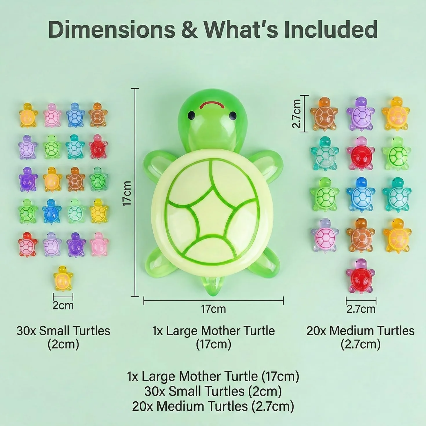 Famille de tortues lumineuses XXL 17 cm 50 mini tortues phosphorescentes résine résistante aux intempéries