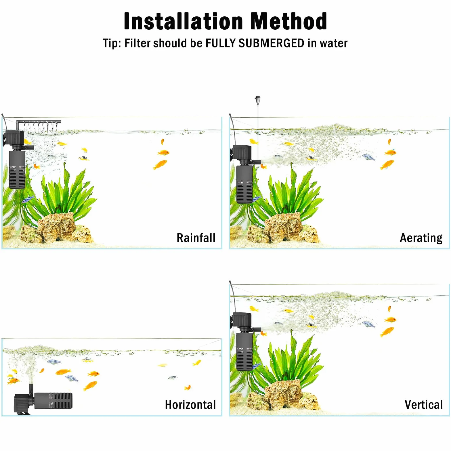 AQQA Filtre Aquarium 4 en 1 Pompe Silencieuse 450L/H Débit Réglable Filtre Intérieur pour Réservoir 120L