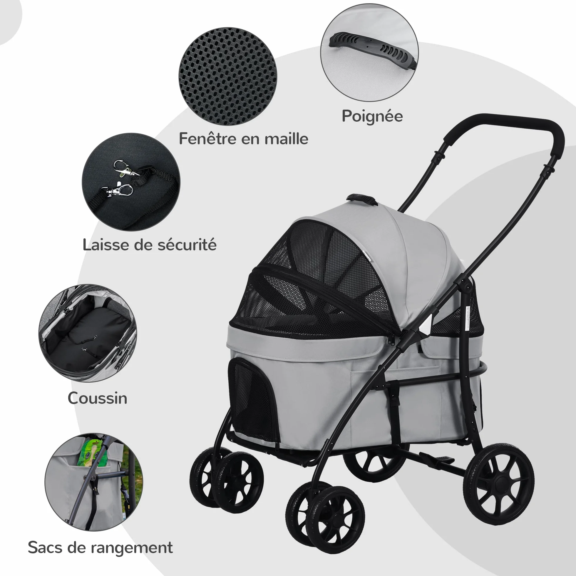 PawHut Poussette pour chien et chat 2 en 1 pliante chariot nacelle amovible 10 kg acier gris
