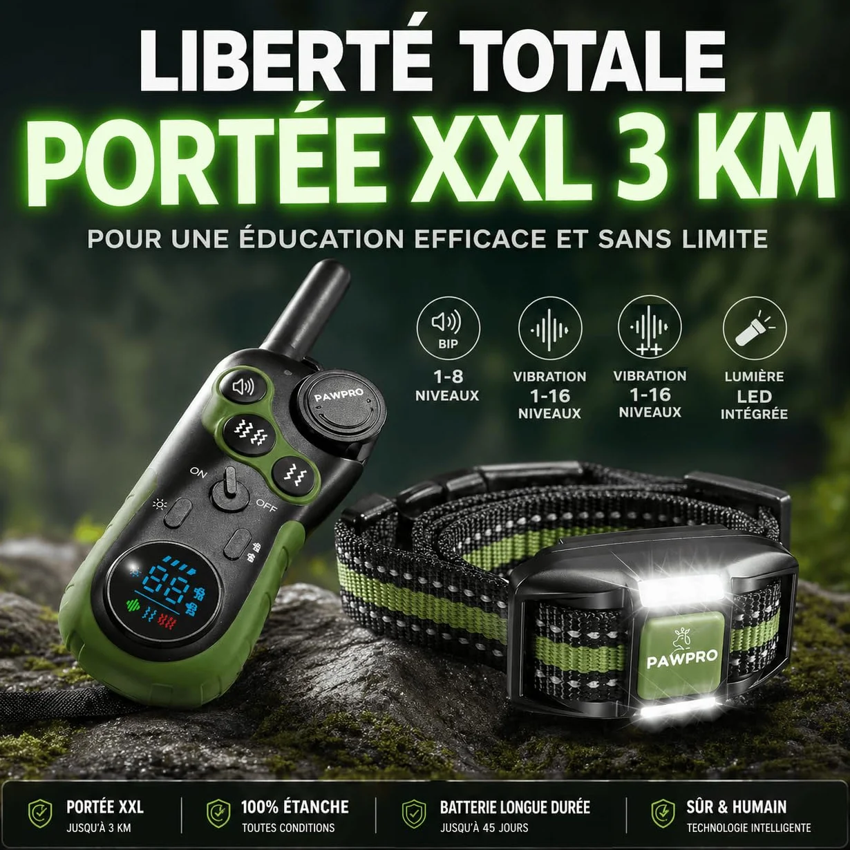 PAWPRO Collier de Dressage, Conforme Nouvelle Loi Bien Être Animal, Portée XXL 3km, Mode Lumière Nocturne, Guide de Dressage Inclus, BIP Vibration Boost, Adapté à Tous Les Chiens (2 Colliers)