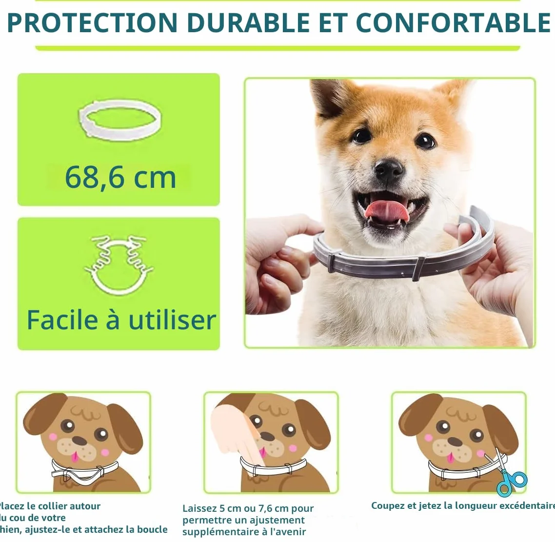 Lot de 2 colliers antiparasitaires pour chiens 8 mois de protection 63 cm collier anti-puces chien antiparasitaire chien chat réglable étanche