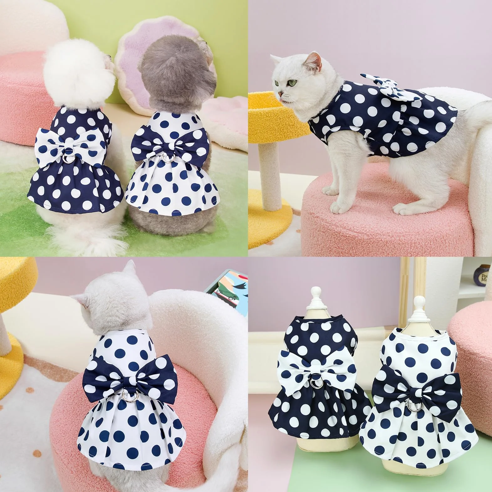 Robe harnais à pois pour petit chien et fille avec anneau en D et nœud – Vêtement respirant pour chihuahua, yorkshire, chat