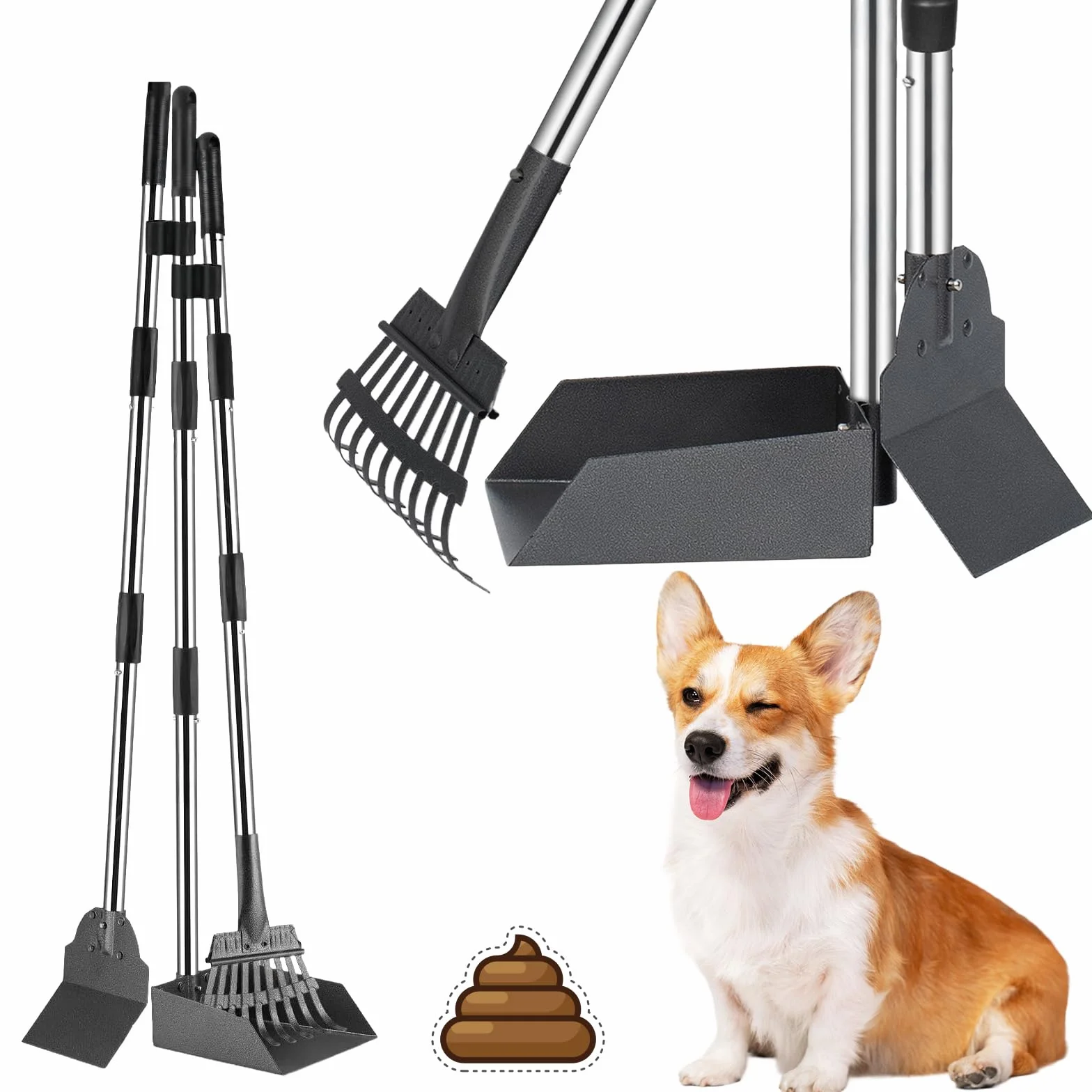 Pelle à Crotte pour Chien, Kit Pelle Ramasse Crotte pour Chien | et Râteau Métal, Pelle à Crottes à Manche Long Réglable, Lot de 3 Pelle à déjections Canines et Râteau en Métal, 96cm de long