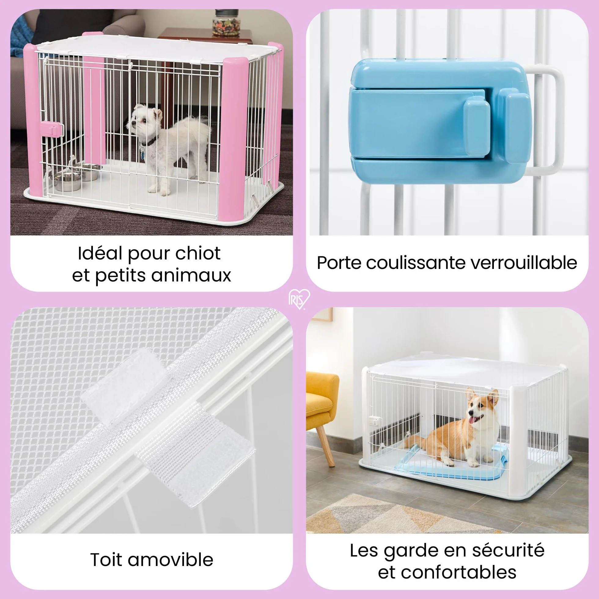 Iris Ohyama Parc à chiot enclos pour chien intérieur base toit amovible porte coulissante verrouillable CLS-1130 Blanc