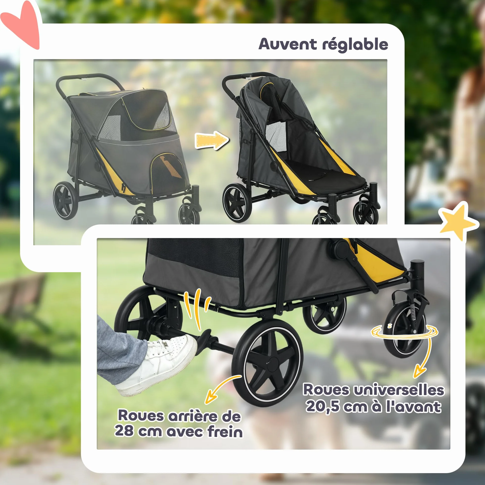 PawHut Poussette pour chien 4 roues EVA pliage un clic laisse sécurité charge 30 kg gris foncé