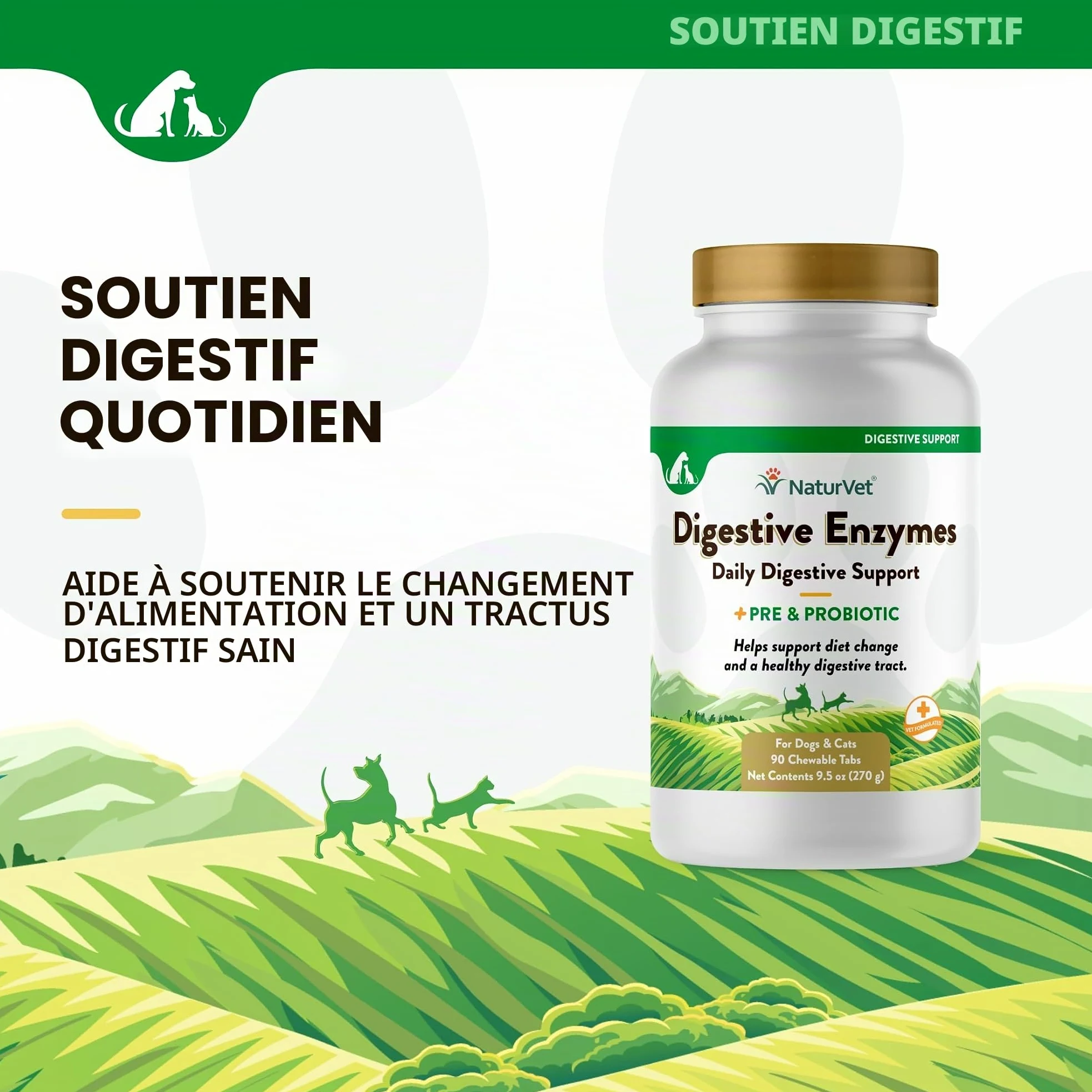 NaturVet Digestive Enzymes Plus Probiotiques Complément Alimentaire pour Chiens, à mâcher Doux, fabriqué aux États-Unis avec des ingrédients d'origine Mondiale 90 pièces