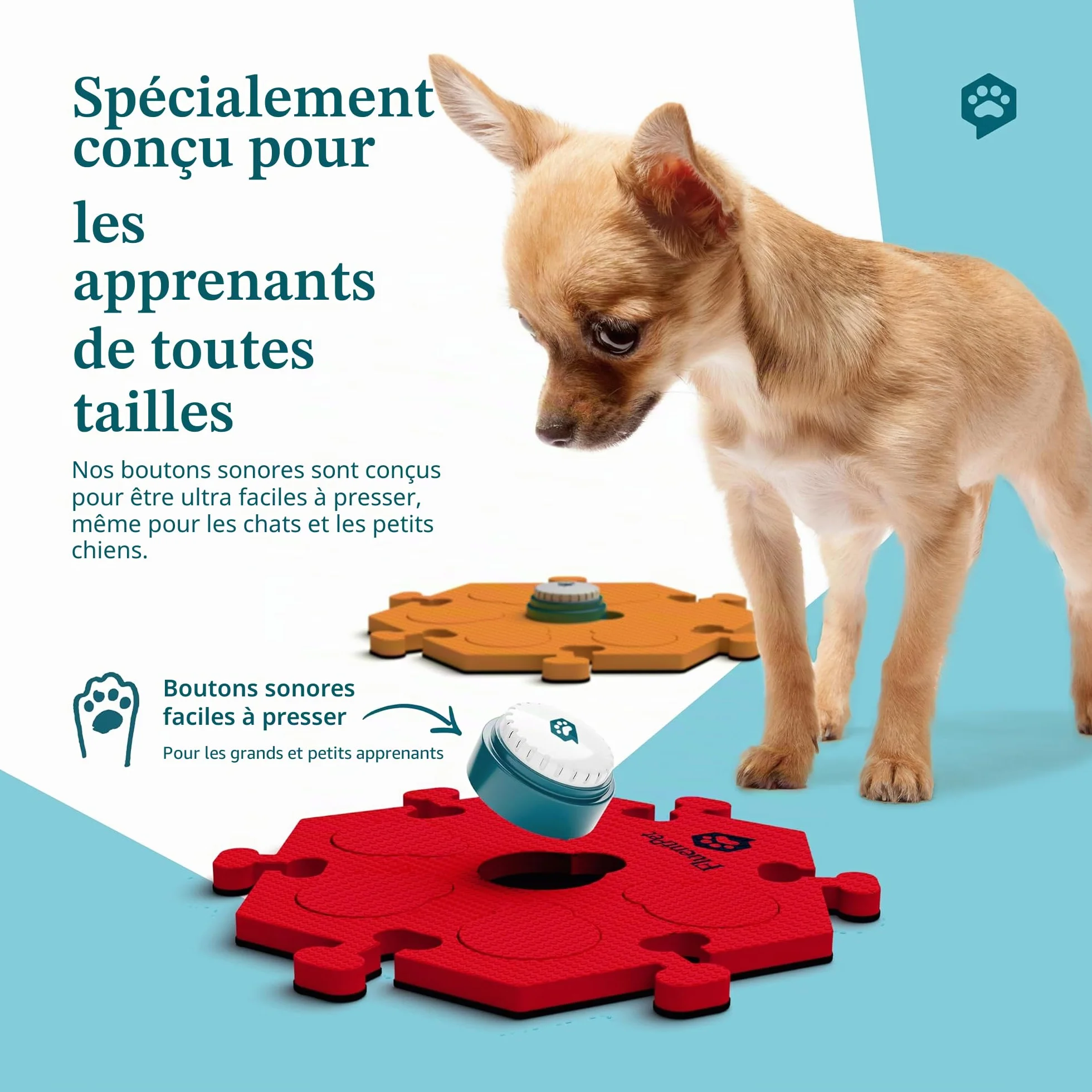 FluentPet Parlez ! Kit de démarrage avec Son Clair orienté vers Le Haut | 6 Boutons enregistrables + 3 HexTiles brevetés avec Piles pré-installées | Boutons de Communication pour Chien et Chat