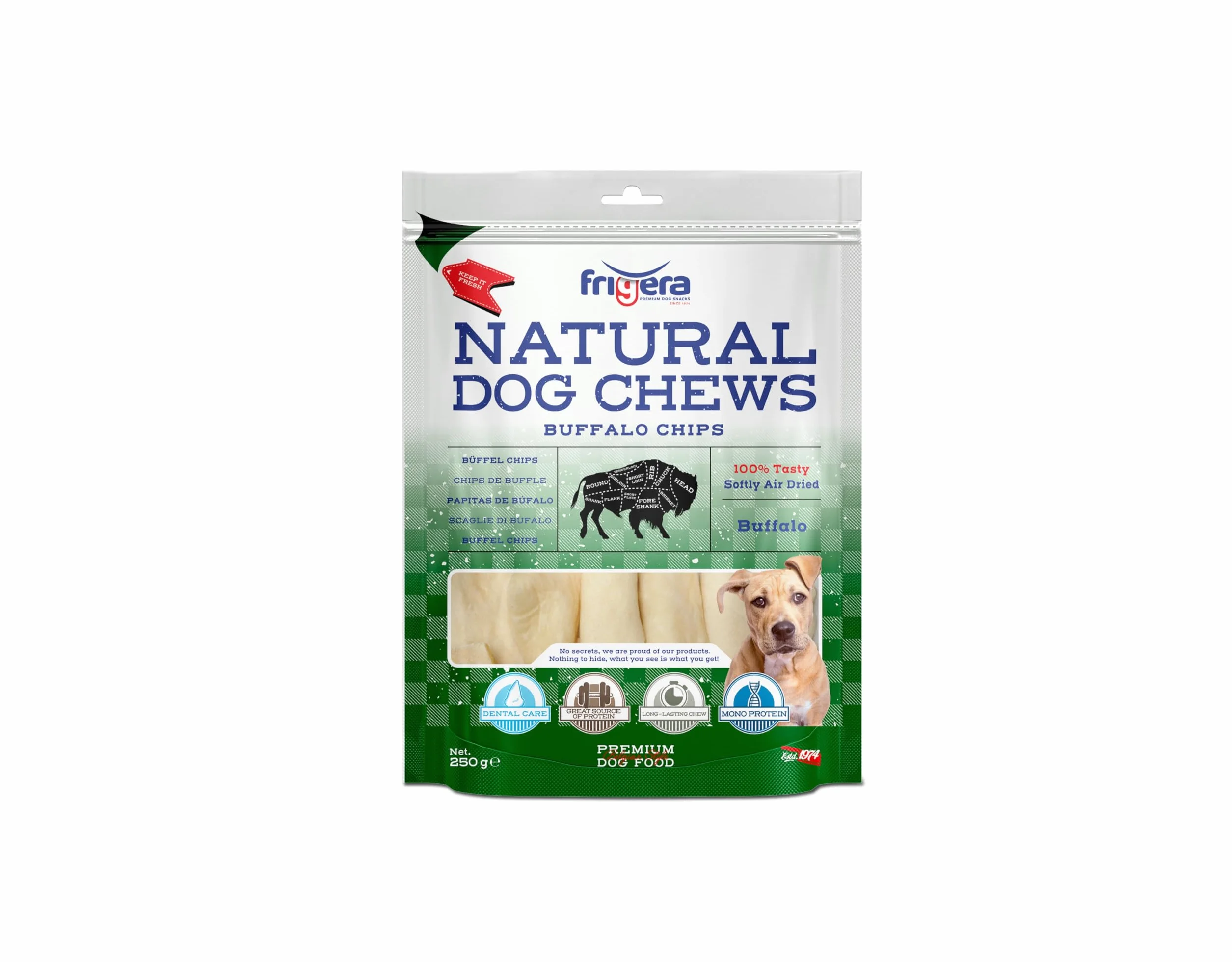 Frigera Chips de Buffle 250g Friandises Naturelles Riches en protéines pour Chiens sans Gluten ni céréales