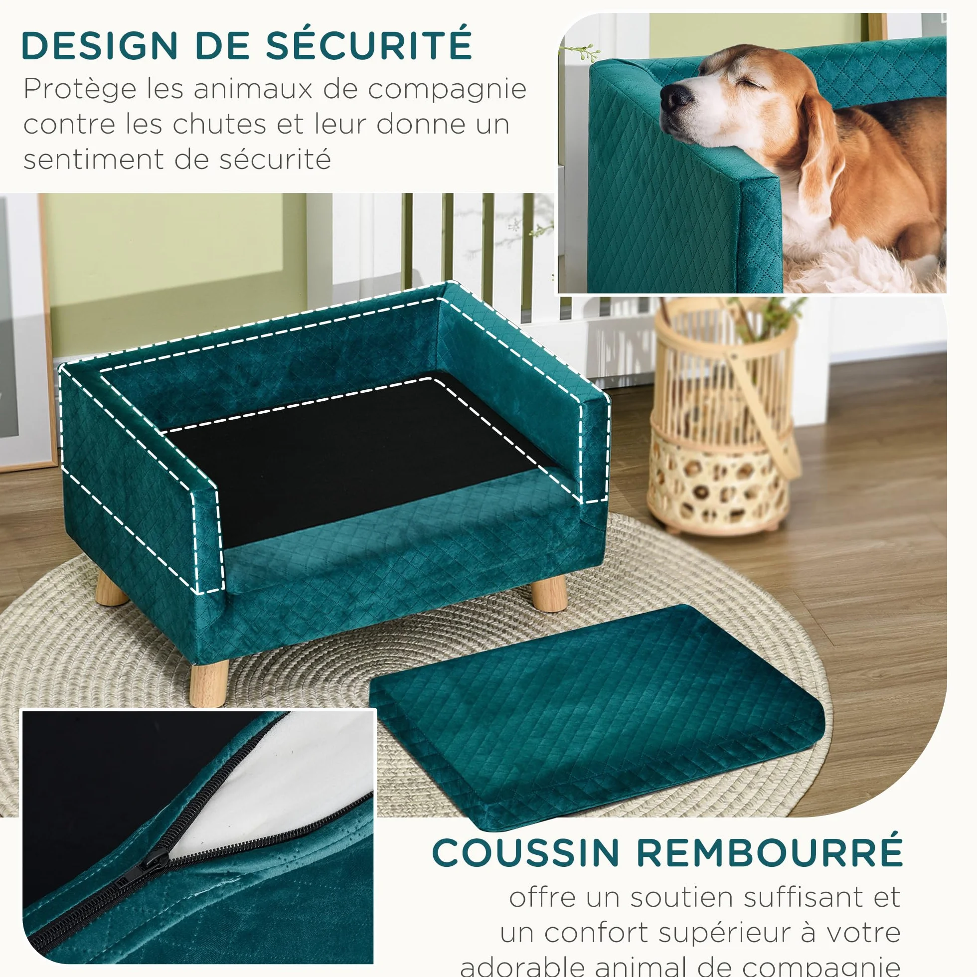 PawHut Canapé Chien lit pour Chien Design scandinave Coussin Moelleux Pieds Bois Massif 64 x 45 x 36 cm Velours Bleu Canard