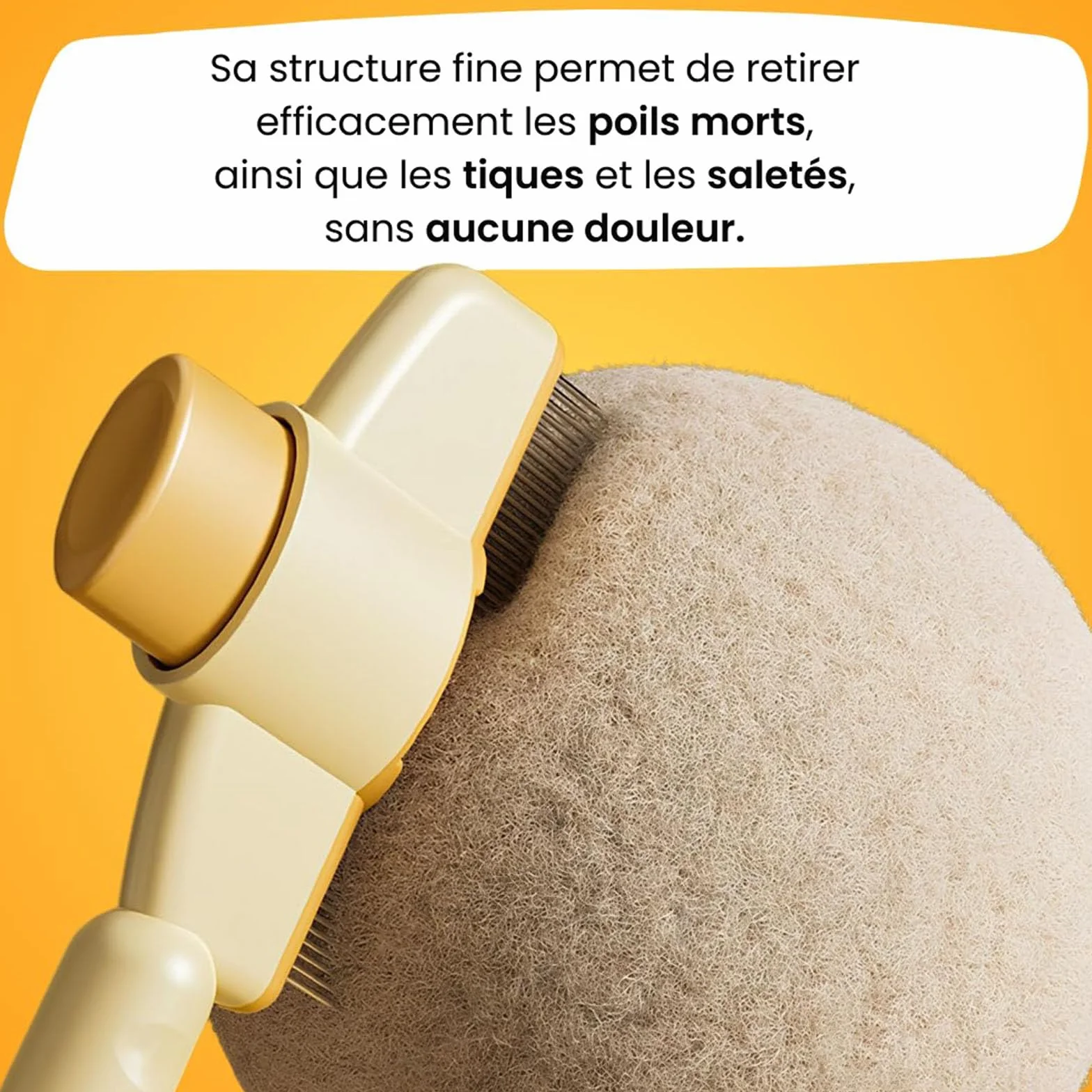 chat peigne, 2025 brosse anti-poils mort –peigne anti puces douce, efficace et autonettoyante, idéale pour poils longs et courts (Jaune)