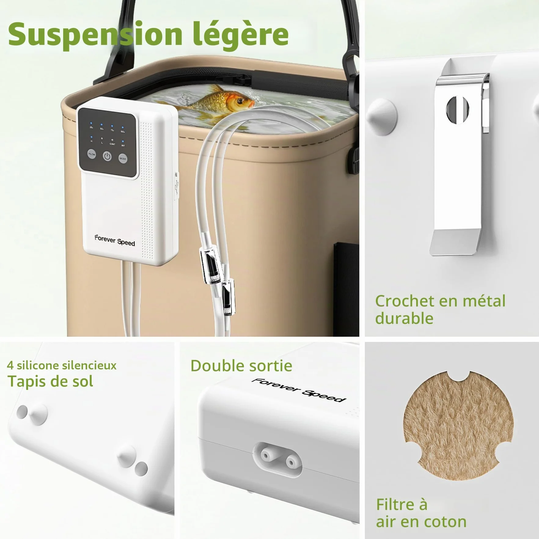 Forever Speed Pompe à Air pour Aquarium LED Rechargeable Réglable avec Batterie 2 Sorties