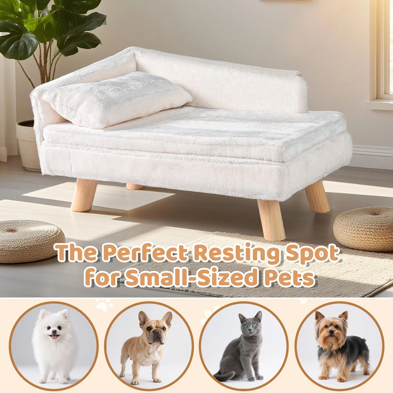 SOARS Canapé pour Chien Chat, Lit Surélevé avec Dossier Haut, Coussin et Pieds en Bois Massif, 71 x 43 x 40 cm, Beige
