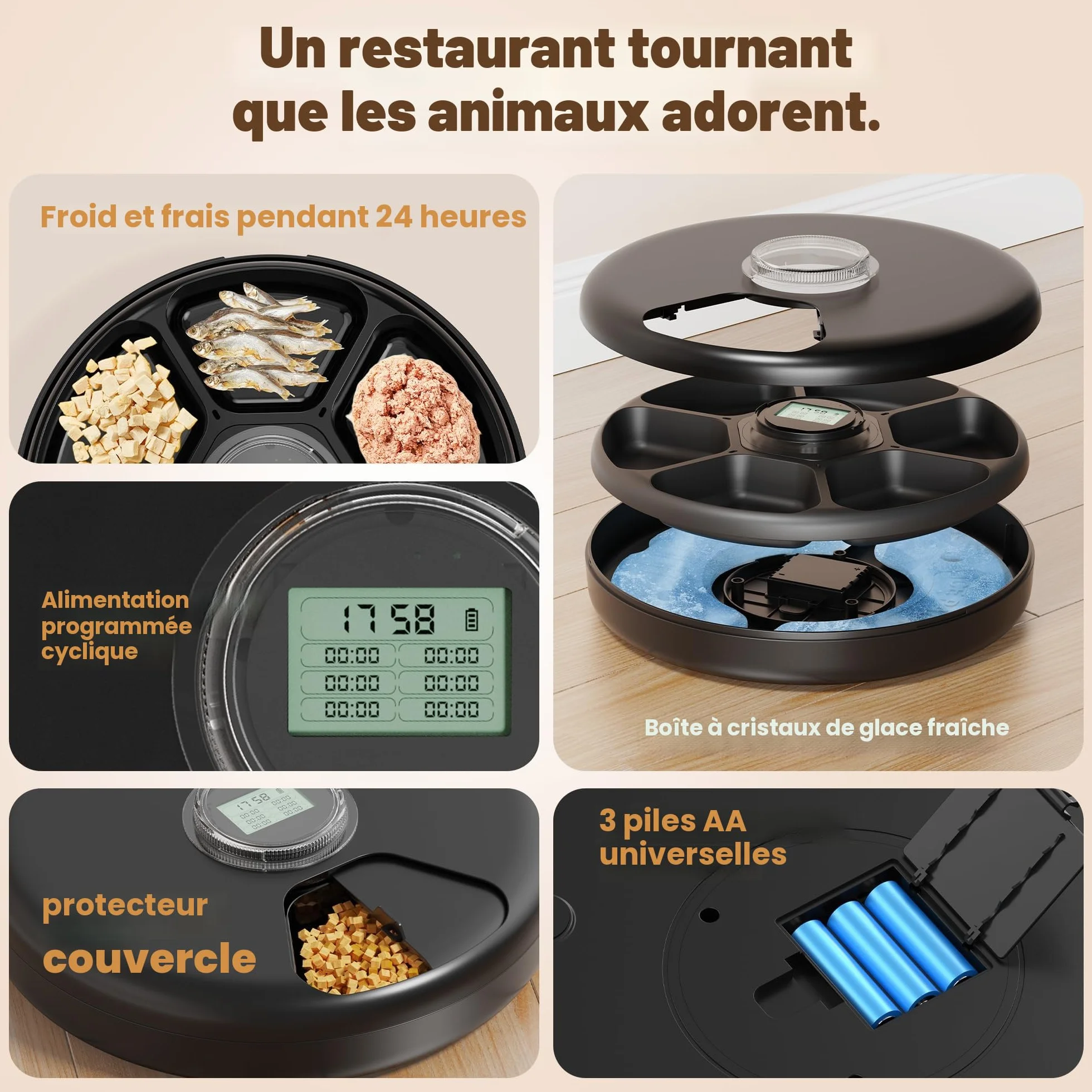 Distributeur Croquettes Chat Automatique Humide - Gamelle Chien sans Fil Programmable - 3 Piles AA - Réfrigération