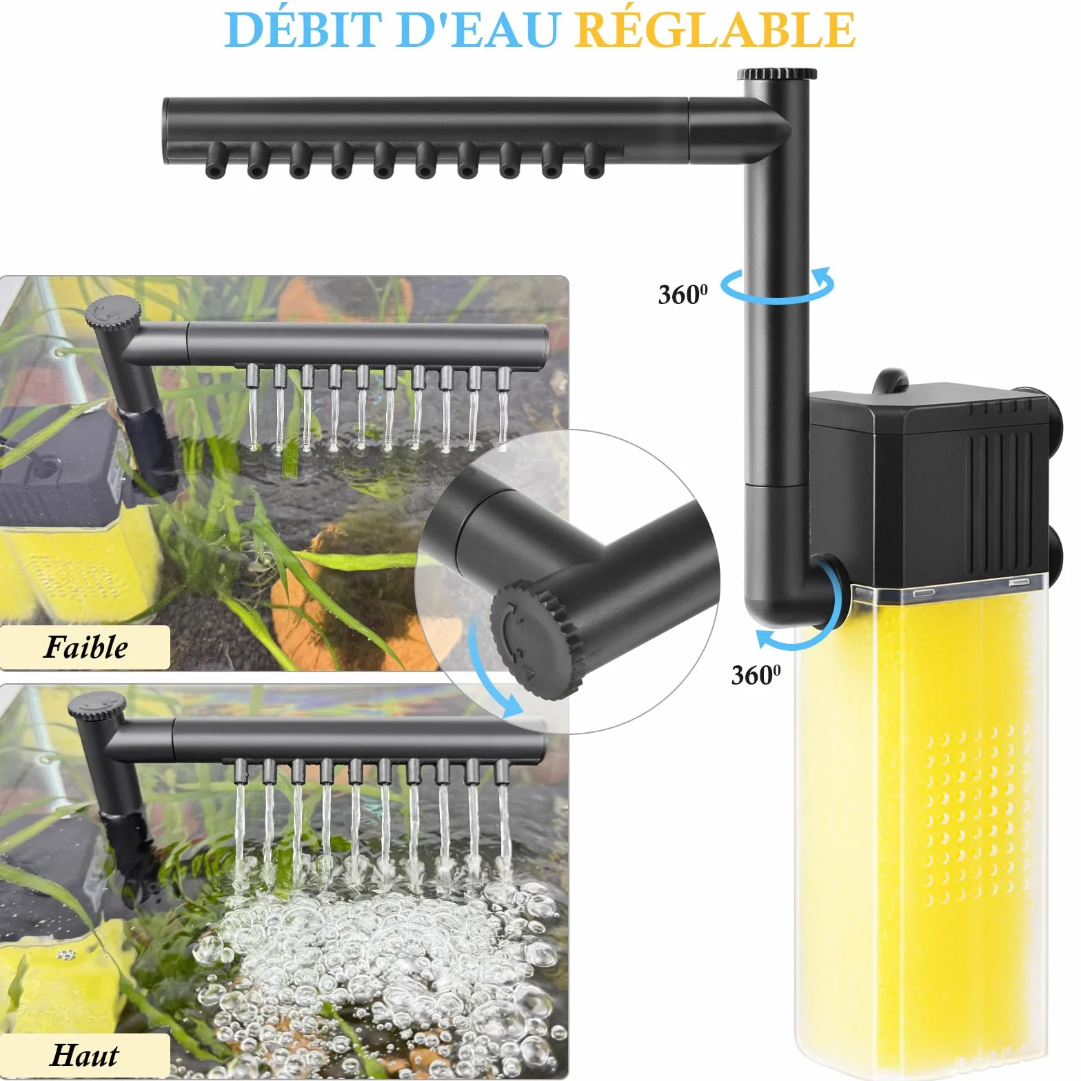 FEDOUR Filtre Immersible pour Aquarium 8W 16W Silencieux avec Barre de Pulvérisation 15-300L