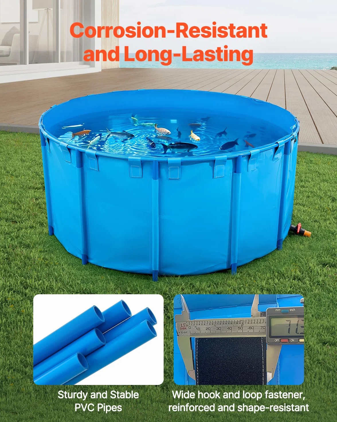 VEVOR Bassin à Poissons Hors Sol, Capacité 4550 L, Étang à Poissons en Toile PVC, avec Cadre Stable en Plastique et Vanne de Vidange, pour Aquaculture, Élevage de Poissons Rouges, Carpes, Koïs, Bleu