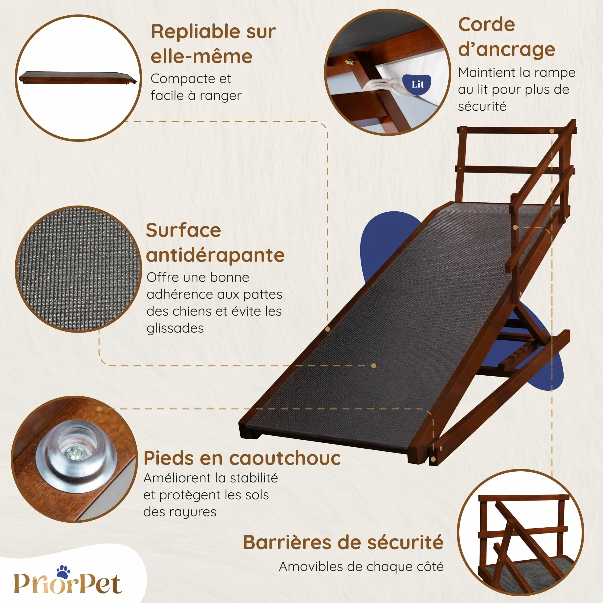Rampe pour Chien Grande Taille avec Barrières de Sécurité, Pliable, Antidérapante, Bois de Bouleau, Noix, jusqu'à 94,5 cm, 90 kg