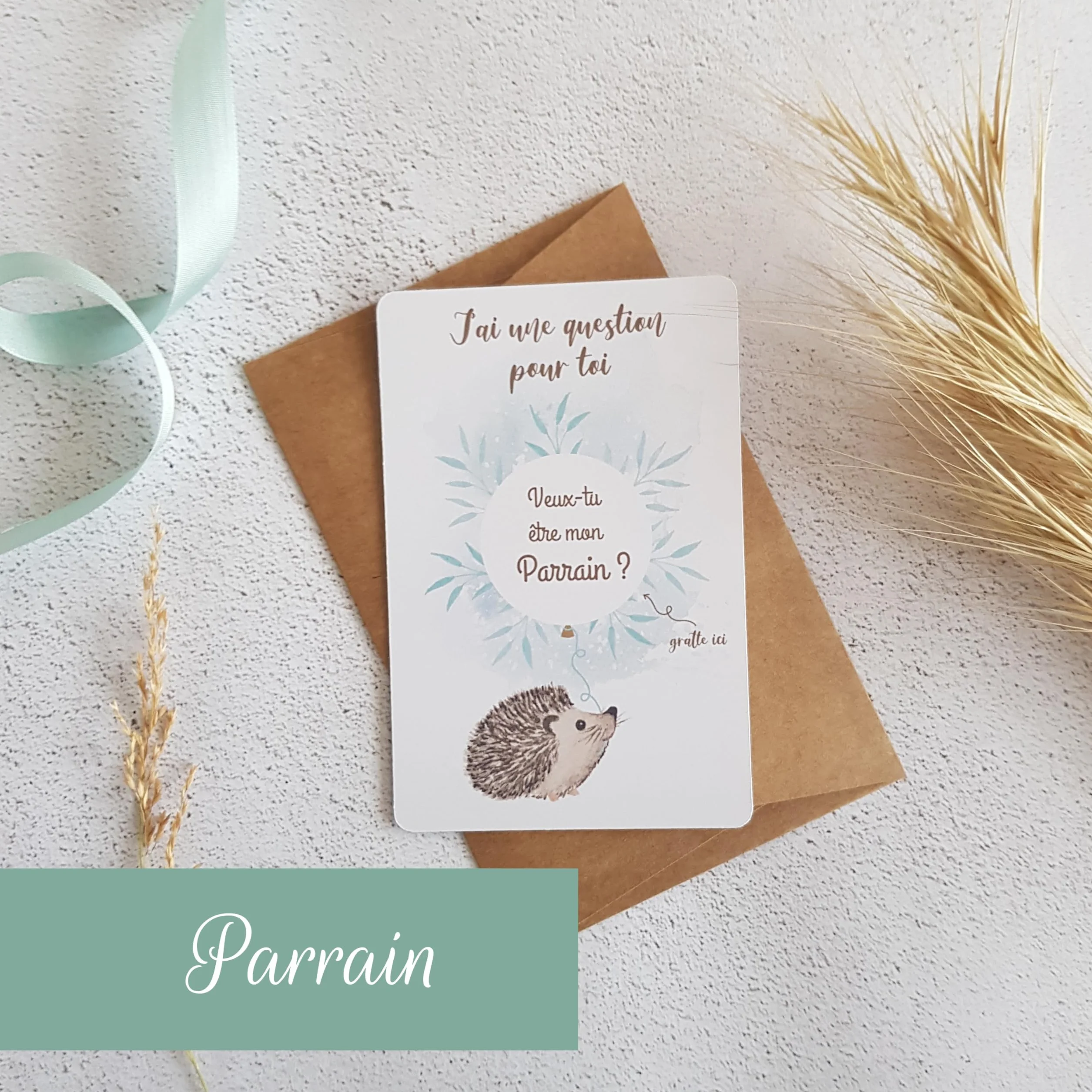 Carte à gratter Parrain thème hérisson avec enveloppes