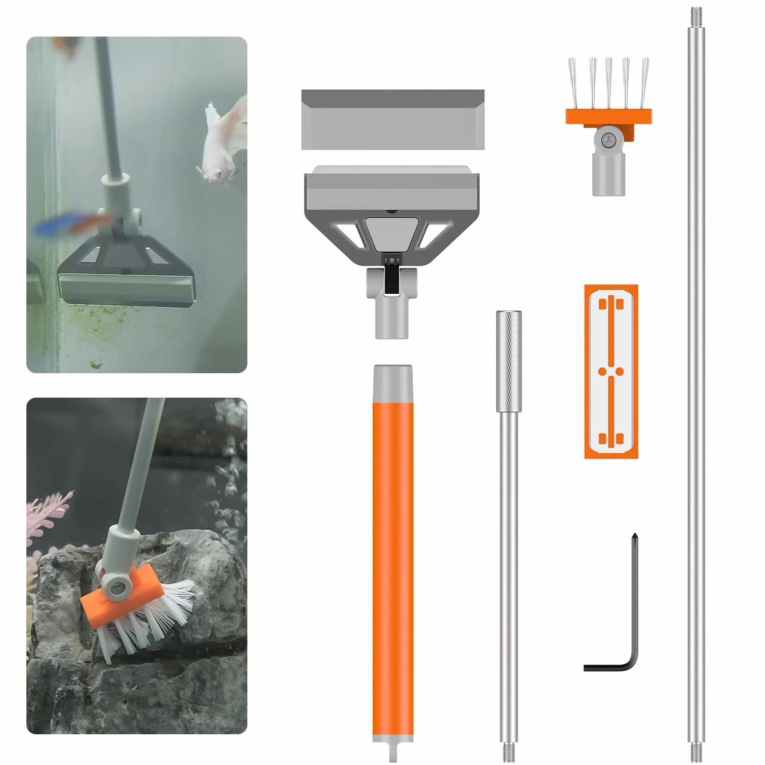 Pawfly Grattoir à Algues pour Aquarium 2 en 1, 66cm Nettoyeur Vitre avec Brosse & 5 Lames Acier Inoxydable