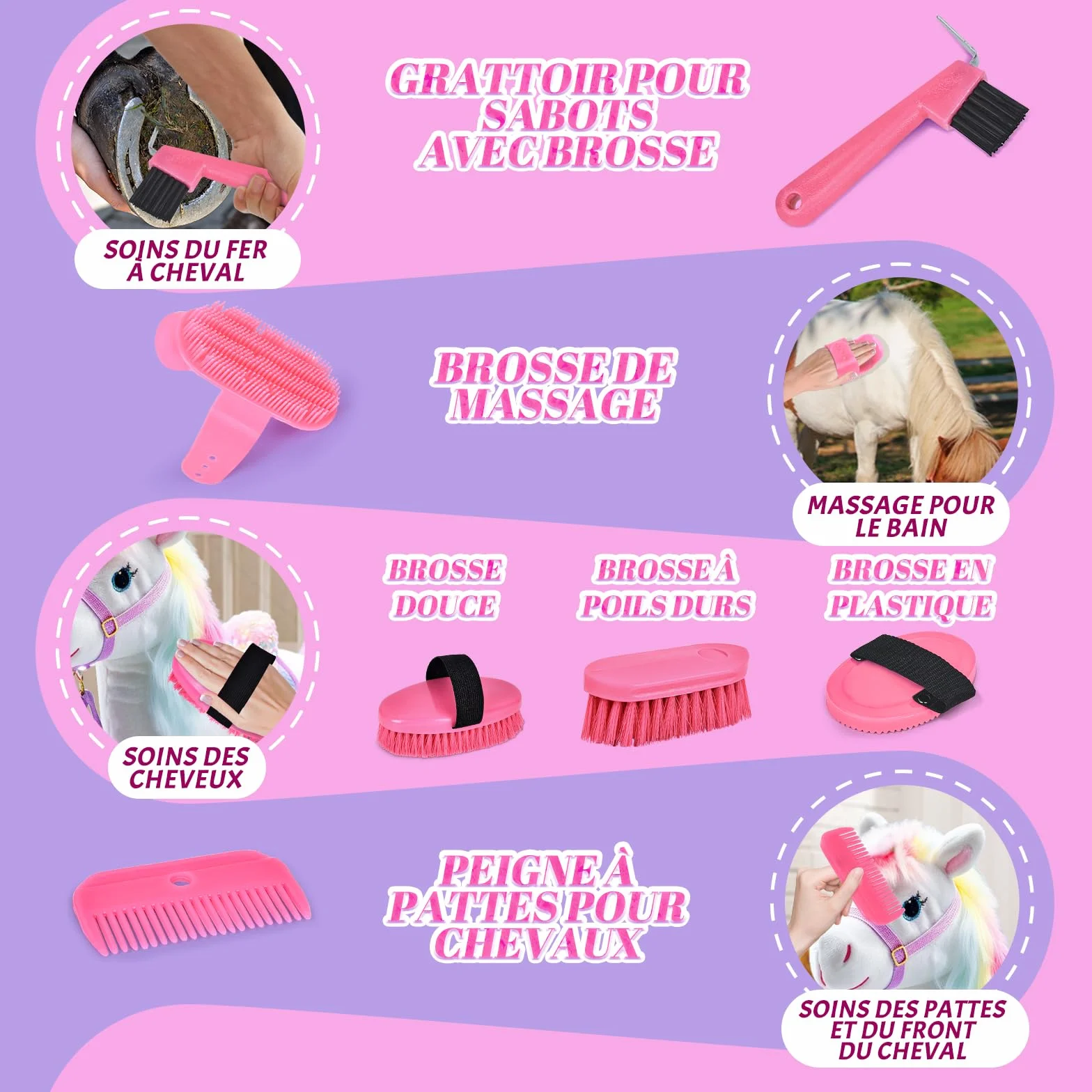 Set de Pansage Cheval Jouet Accessoires Enfants avec Brosse de Massage et Grattoir à Sabot