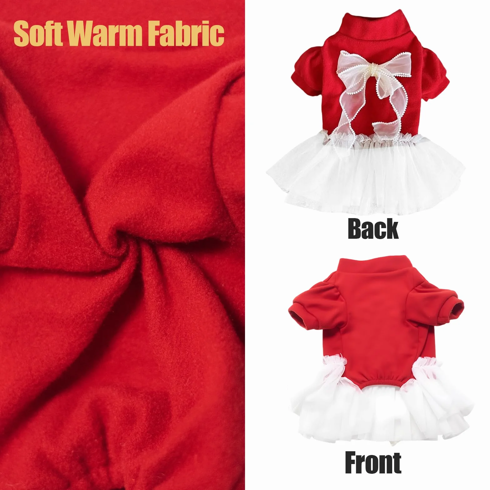 Robe de Noël pour Animal de Compagnie Motif Tulle Rouge et Blanc avec Nœud Tenue de Vacances pour Petits Chiens et Chats XL (5-7.3kg)