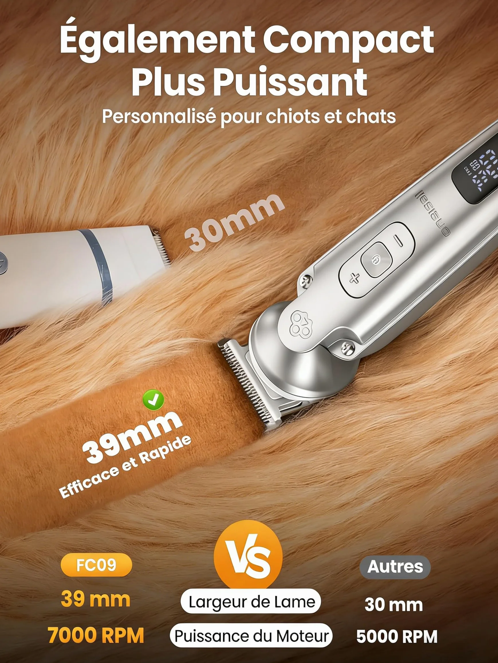Oneisall 4-en-1 Tondeuse pour Chien Chat Professionnelle Sans Fil avec Affichage 2000mAh Argenté