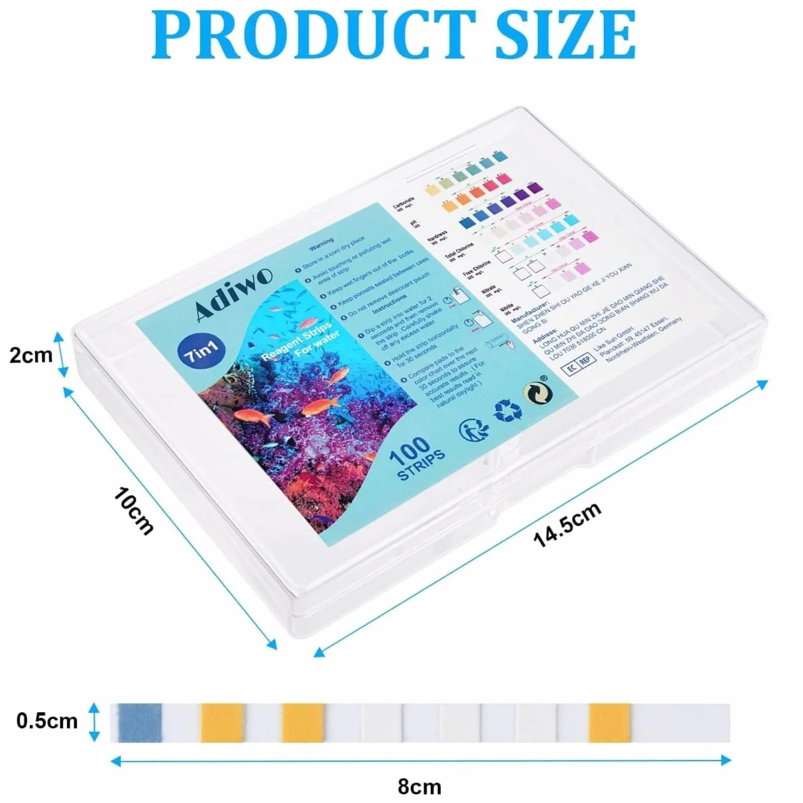 Bandelettes de Test d'Aquarium 7 en 1, 100 Bandelettes de Test Eau Dureté Totale, Alcalinité, Carbonates, Nitrates, Nitrites, Chlore Libre pH, Cuivre Test Rapide