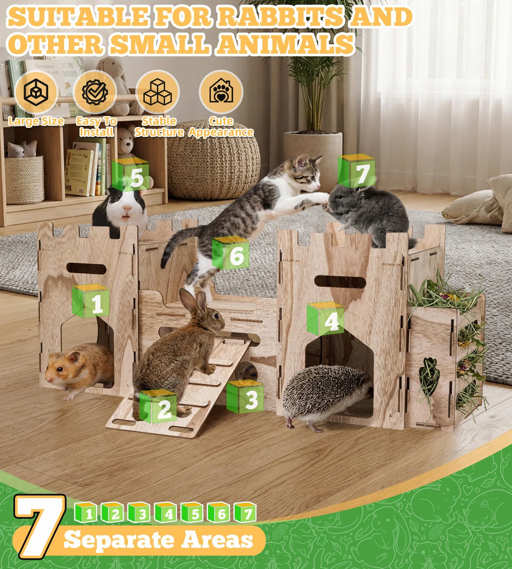 HIIMALEX Château de lapin extra large en bois à plusieurs étages, cachette ventilée robuste pour lapin, cochon d'Inde, chinchilla furet