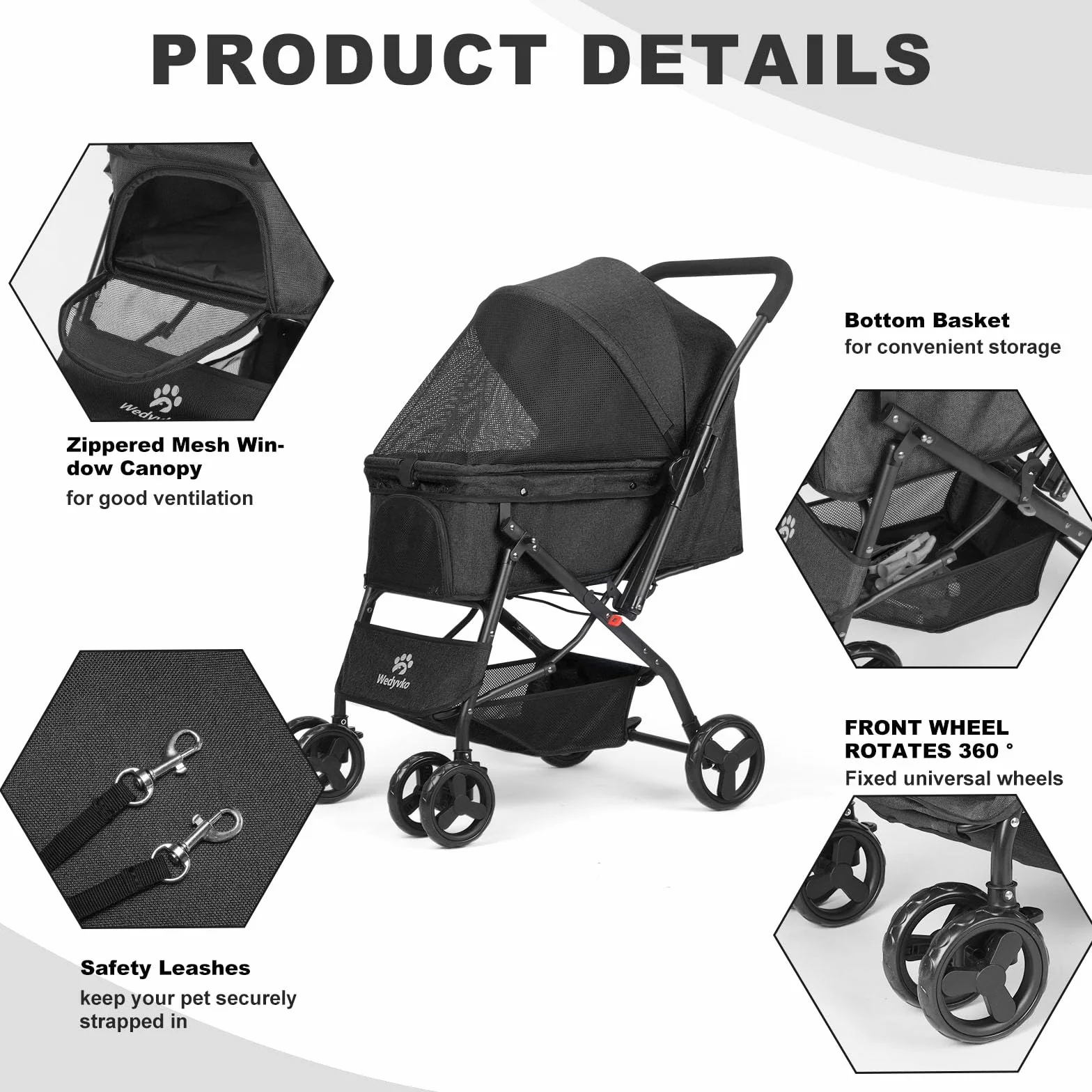 Poussette pliable pour animal de compagnie noir 4 roues avec panier de rangement et roue avant 360° frein