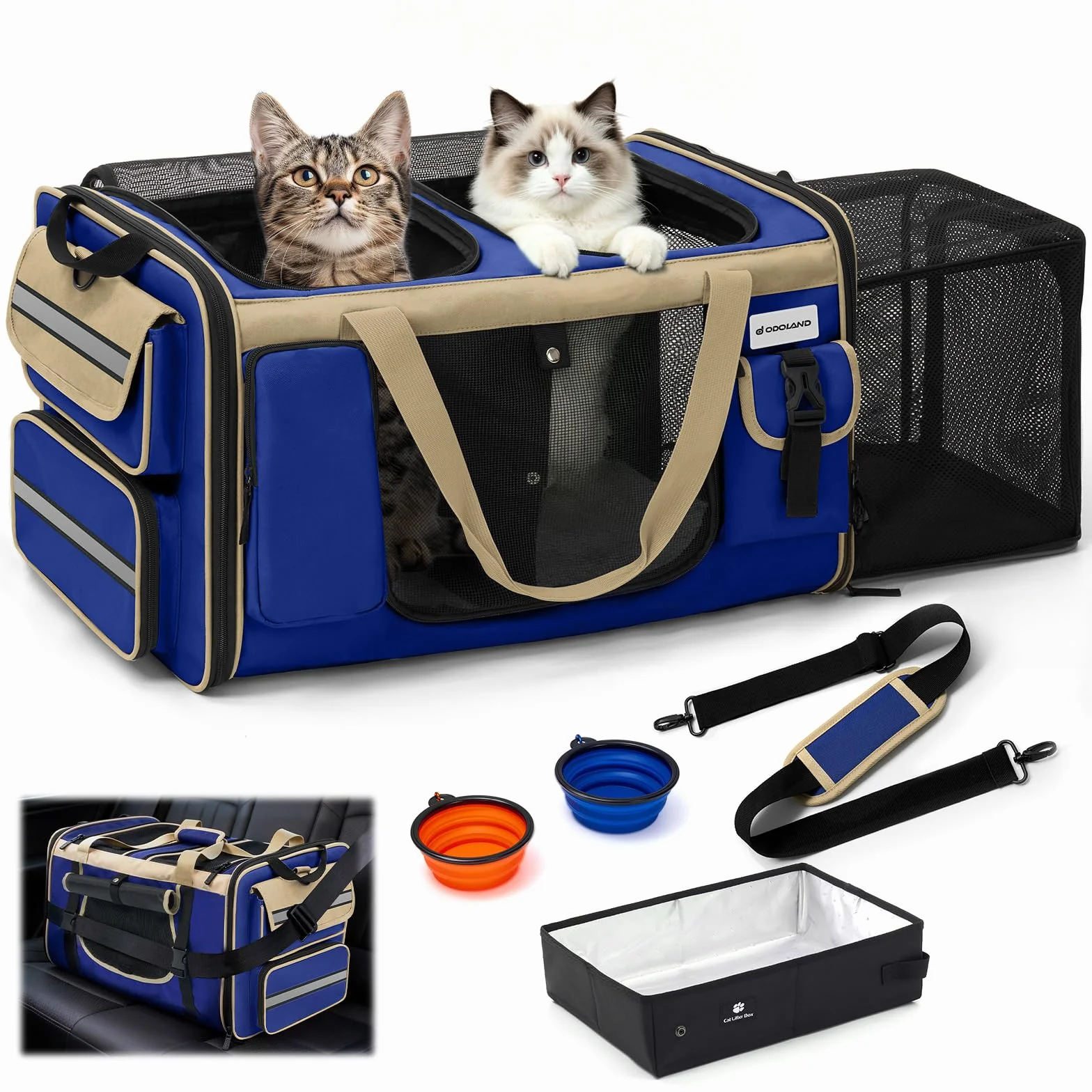 Odoland Pliable Sac de Transport pour Chats 2 Chats Extensible avec Bandoulière et Bac à Litière Bleu