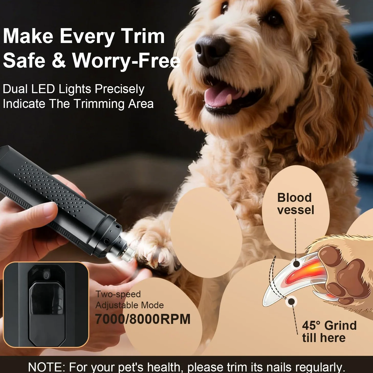 Broyeur à ongles pour chien, tondeuse à ongles portable pour chiens, outil de toilettage électrique silencieux