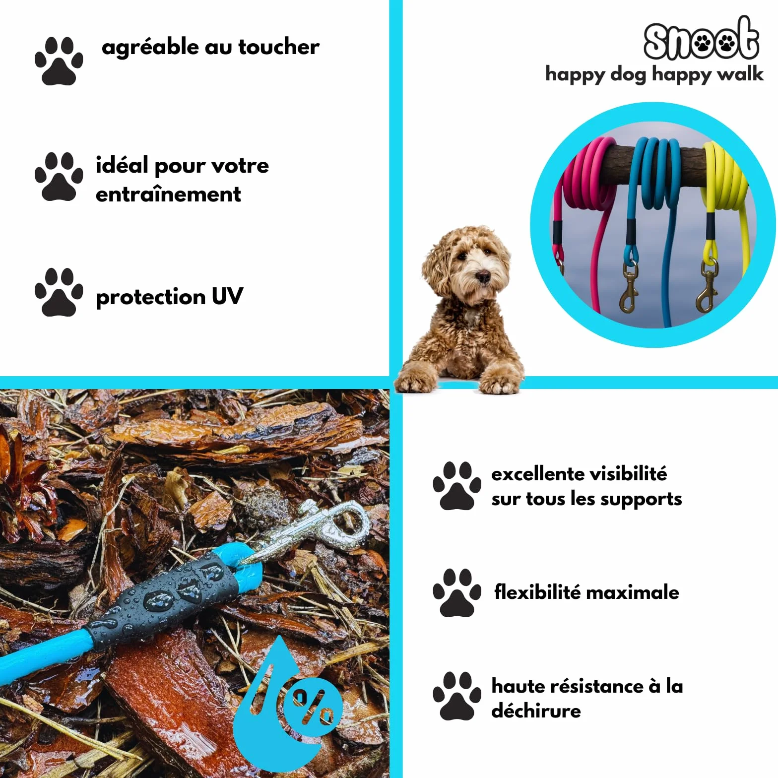 Laisse pour Chien 10 m Étanche Ronde sans Boucle Cyan Bleu 35 kg