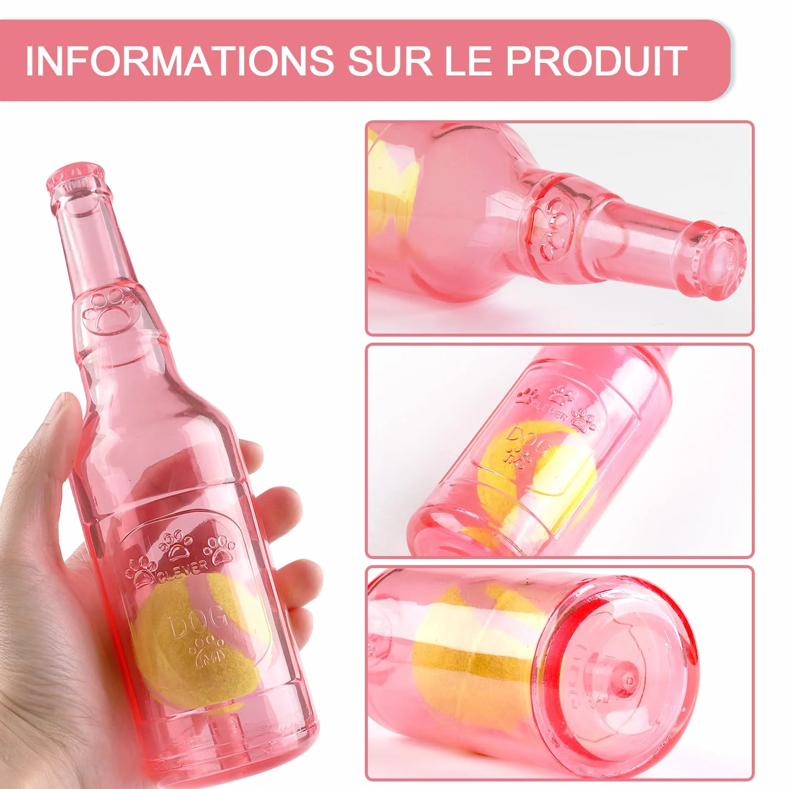 Jouet chien caoutchouc bouteille couinement, jouet interactif résistant morsure chiots petits moyens chiens rose