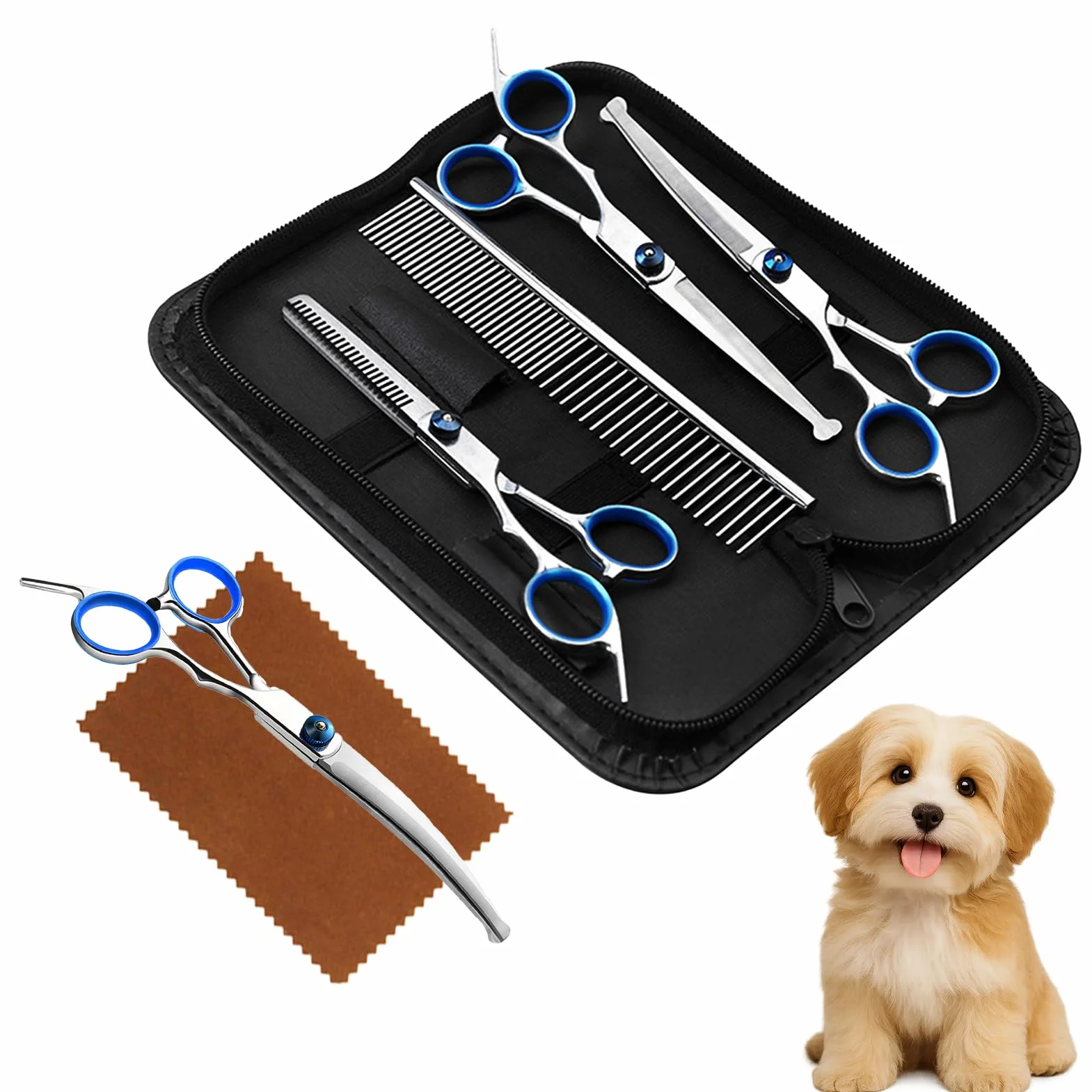 Menibeuty Ciseaux Toilettage Chien Kit, Ciseauxs de Toilettage pour Chiens, Embouts de Sécurité Ronds y Compris Ciseaux à Effiler, Ciseaux Courbes,Ciseaux Droits,Peigne,Ciseauxs Chien Toilettages Bleu