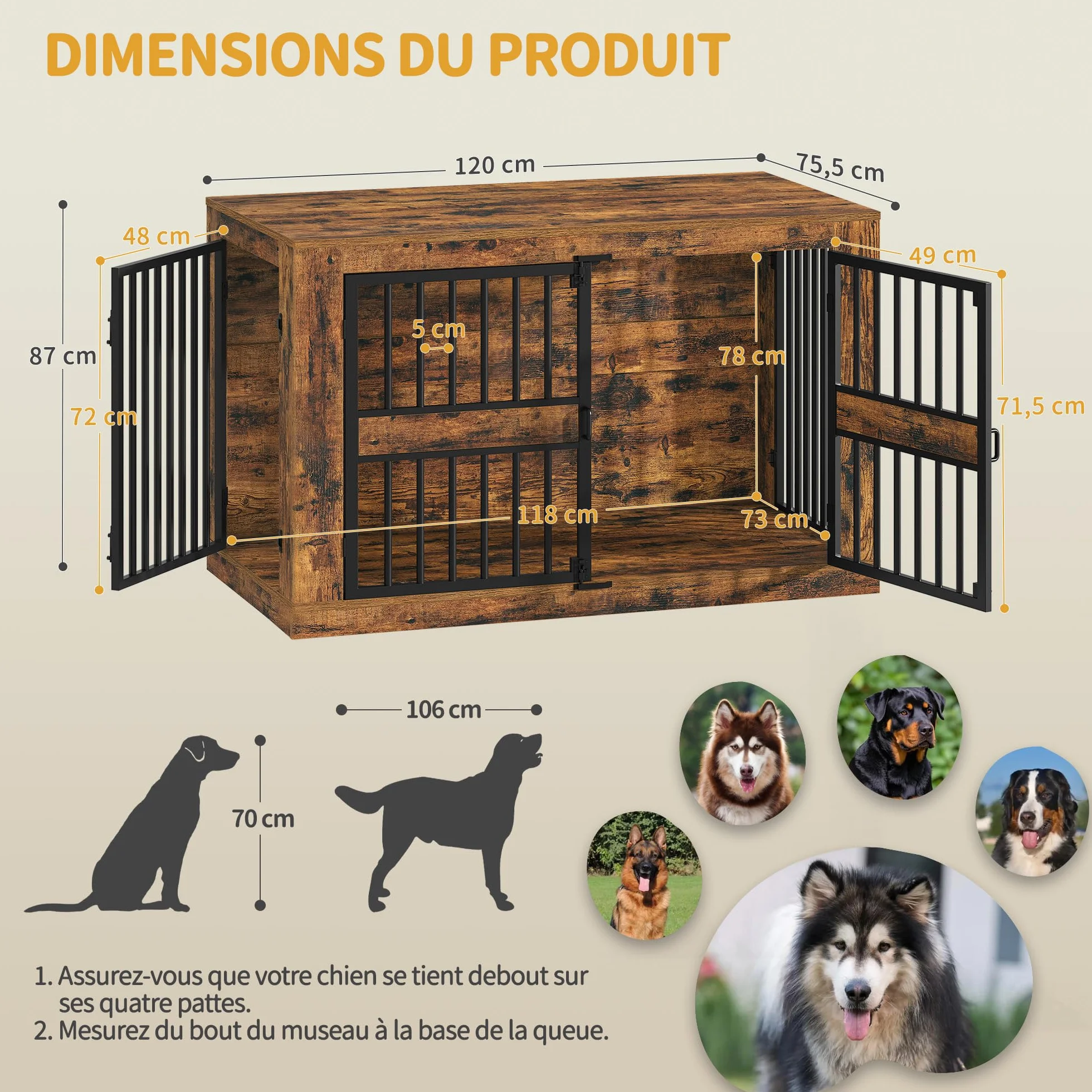Cage pour Chien 120 cm Niche d'Intérieur en Bois Design Moderne 4 Portes XXL Table d'Appoint Marron Rustique