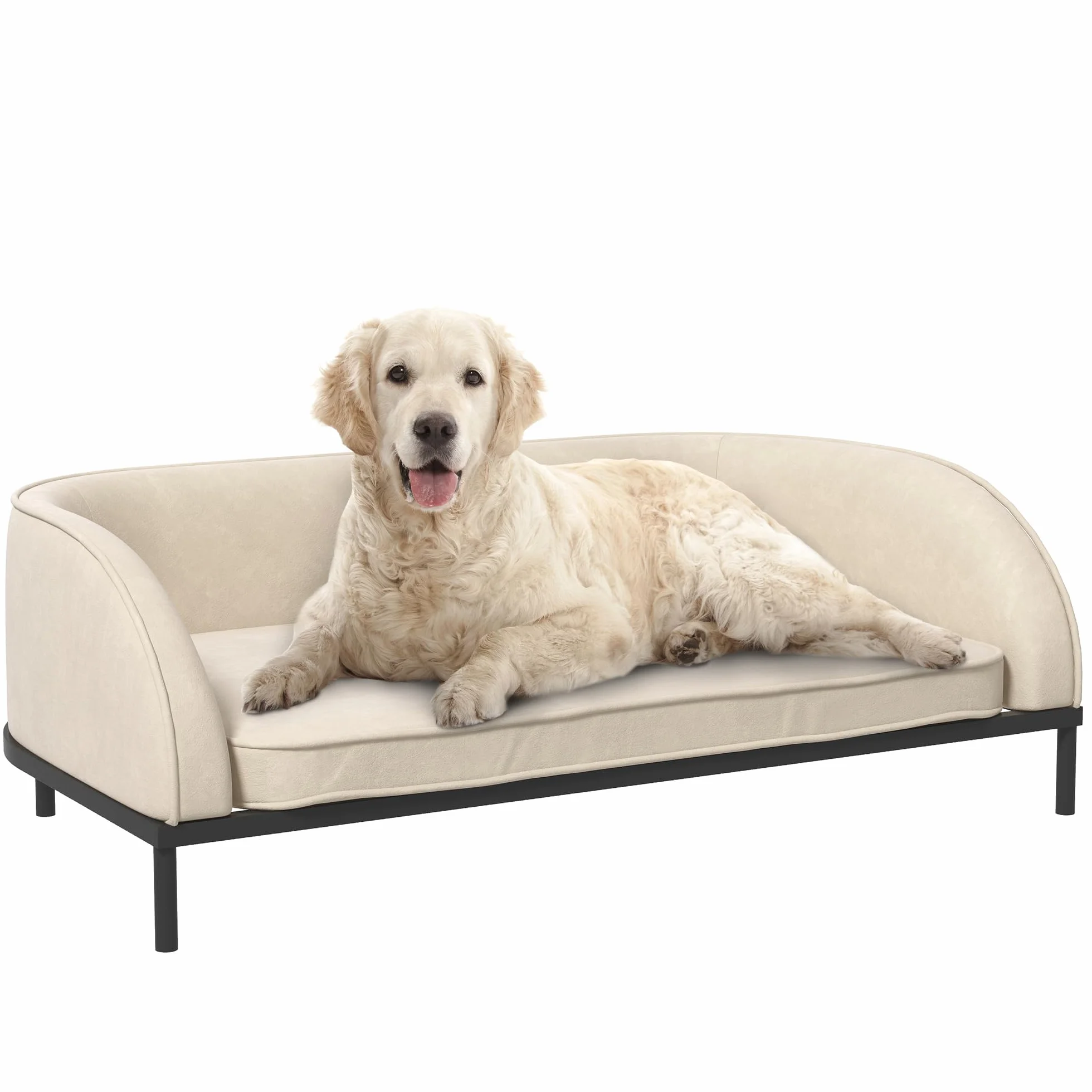 PawHut Canapé pour Chien surélevé 101,5 x 62 x 34,5 cm Coussin déhoussable Pieds Acier Velours Blanc crème Noir