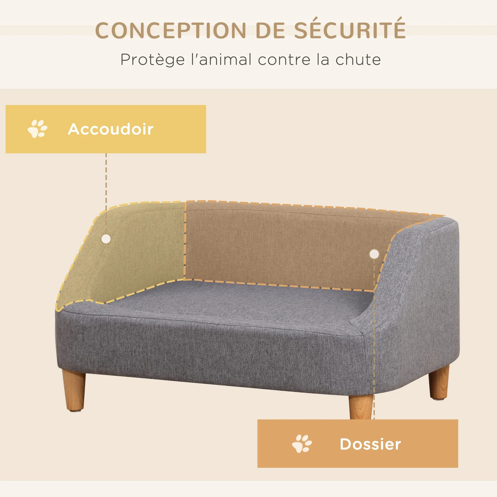 PawHut Canapé pour Chien lit pour Chien Style scandinave Pieds en Bois Tissu déhoussable 75 x 55 x 39 cm - Gris