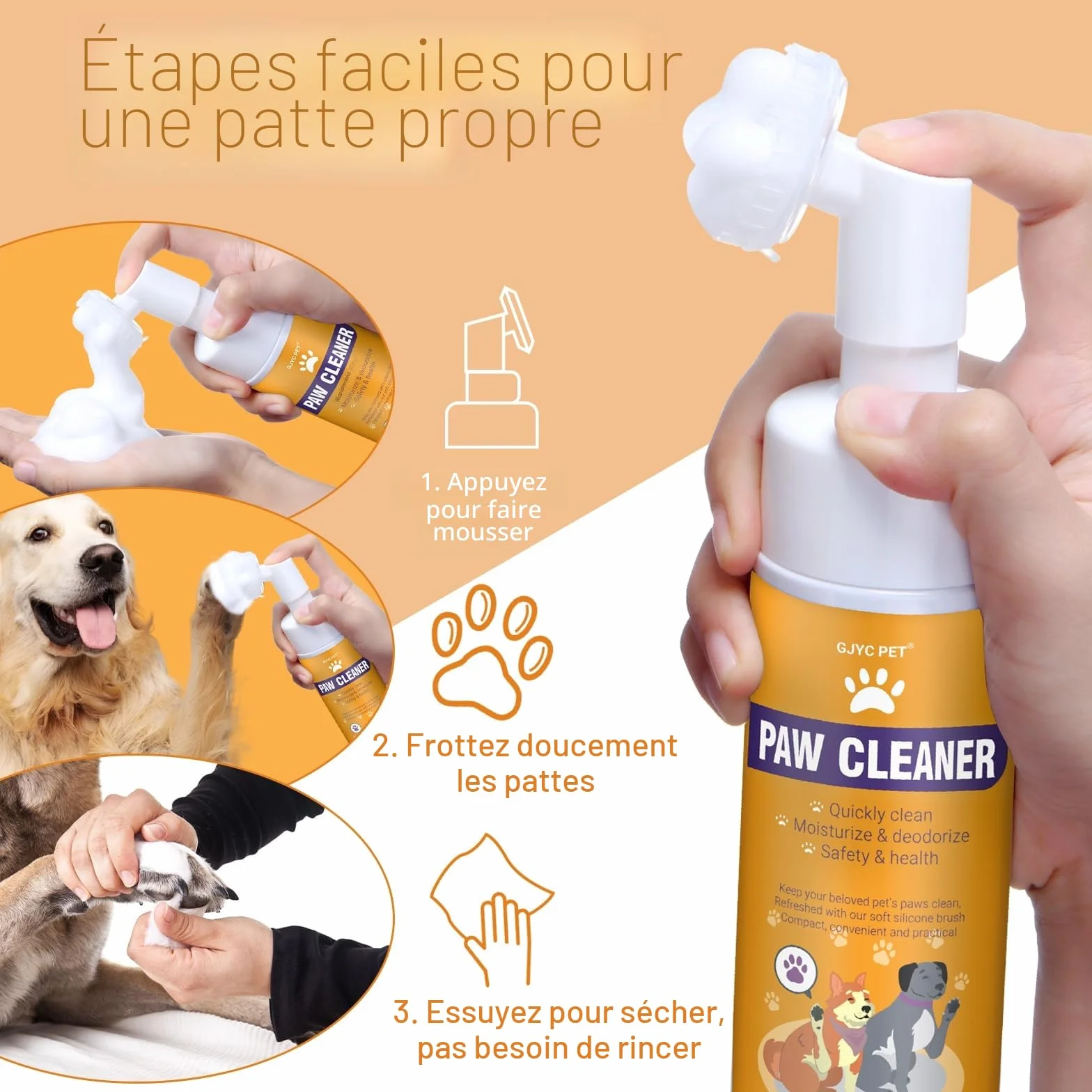 Nettoyeur de Pattes de Chien, shampooing sans Eau avec Brosse en Silicone Souple, Mousse hydratante pour Un Lavage Efficace des Pattes, Nettoyeur de Pattes Facile et Portable pour Chiens, 150 ML