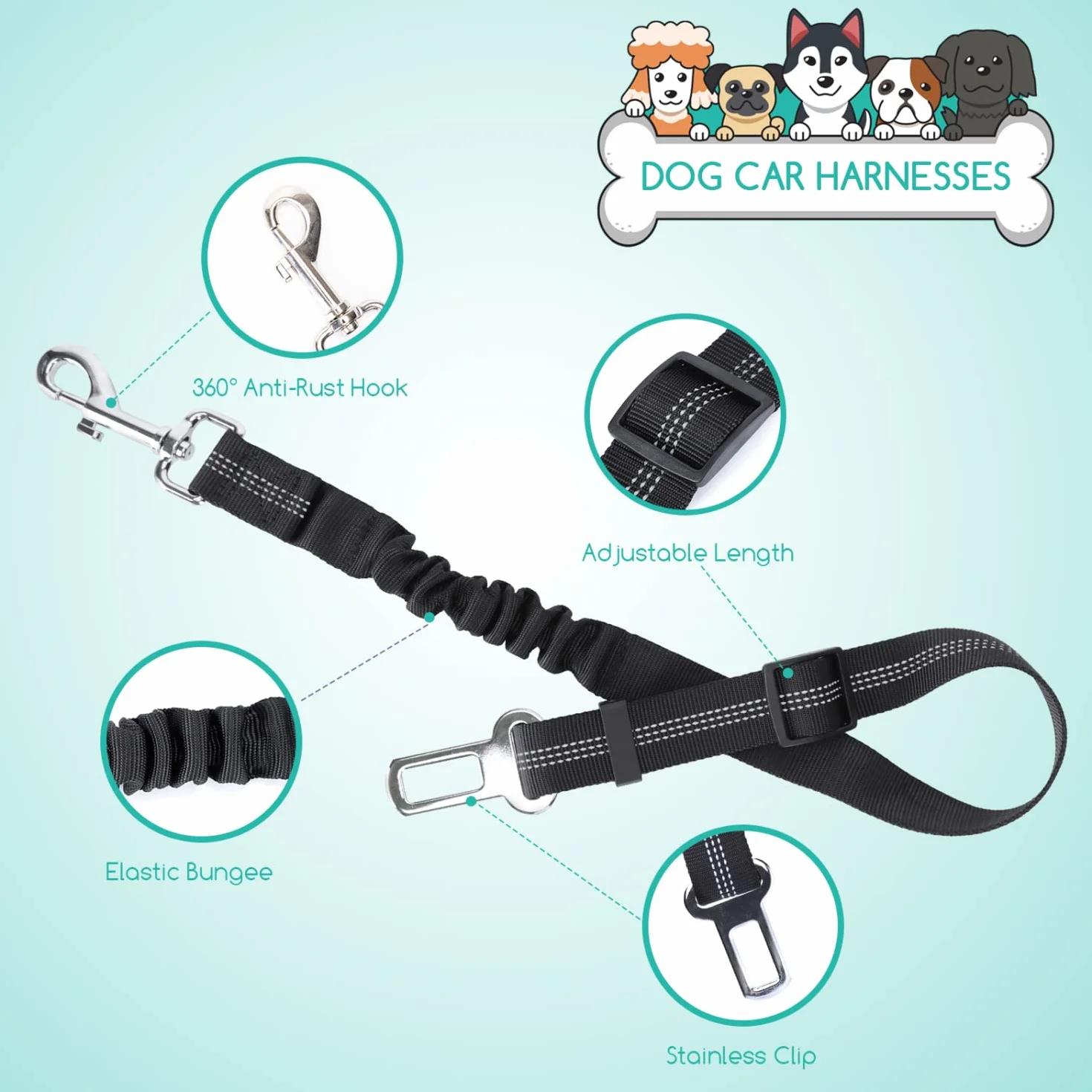Nobleza Ceinture Voiture pour Chien, 2 Pcs Harnais avec Absorption des Chocs et Elastique Réglable, Ceinture de Sécurité en Nylon avec Bandes Réfléchissantes, 50-70cm