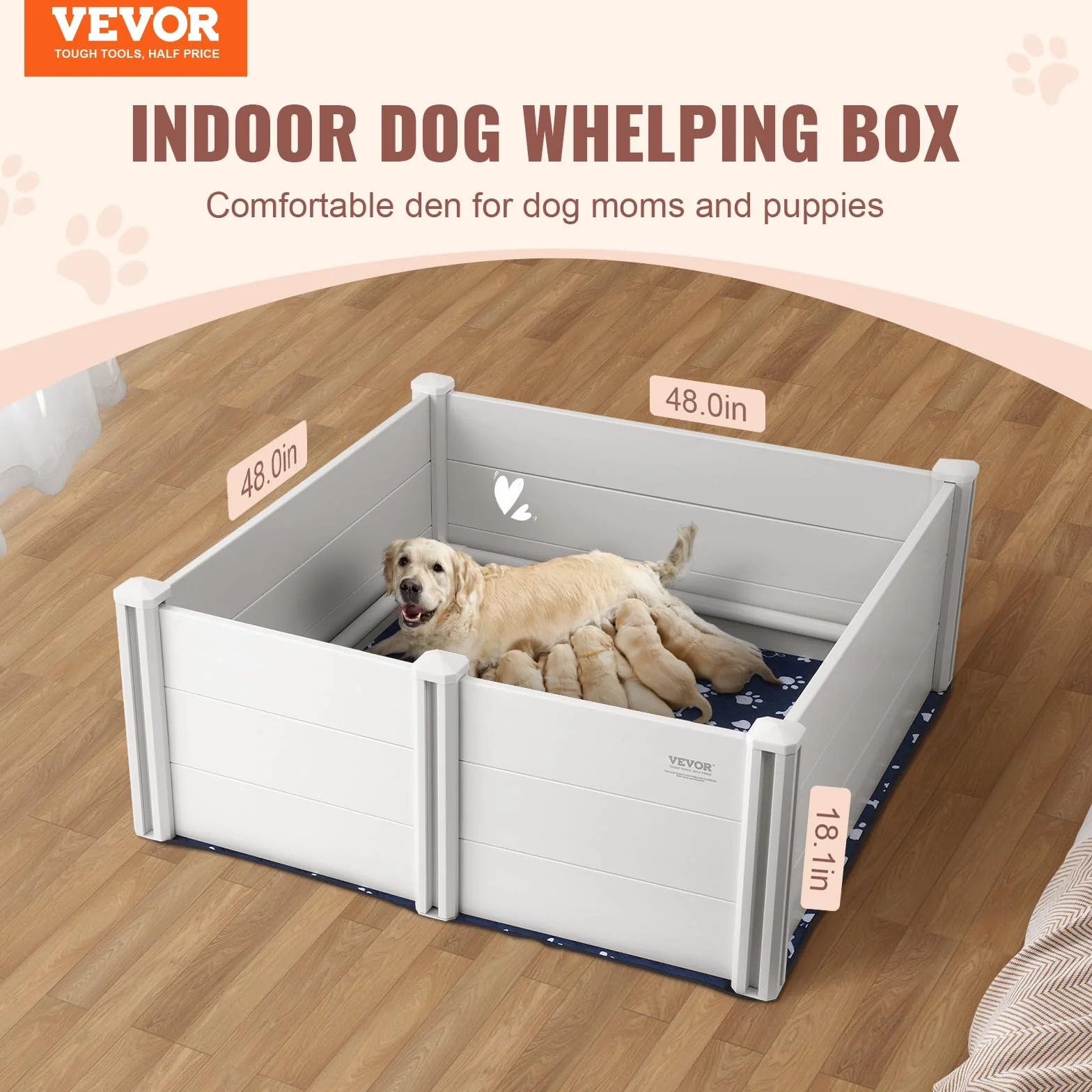 VEVOR Parc de Mise Bas pour Chien 122x122x46 cm Caisse de Mise Bas avec Rails Tapis de Pipi Lavable Blanc