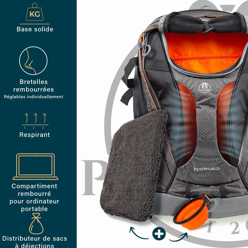 Sac à dos pour chien 10 kg transport petit chien Terrier Carlin teckel distributeur sacs déjections seau eau compartiment ordinateur portable