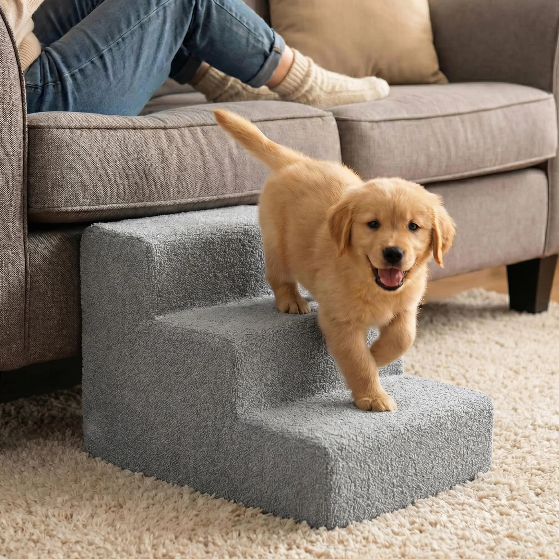 Murando Escalier pour Chien 3 Marches 30 cm Housse Amovible Lavable Mousse Rampe Bouclé Gris