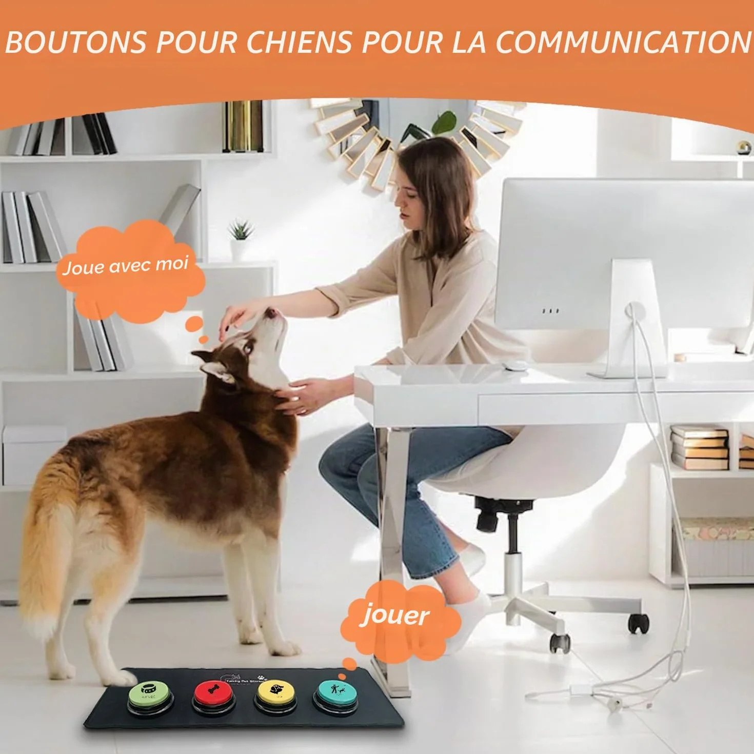 4 Boutons de Communication pour Chien, Boutons enregistrables, Boutons pour Chiens, 4 Boutons, 1 Tampon en Caoutchouc, 50 Autocollants, entraînez Votre Chien à Parler