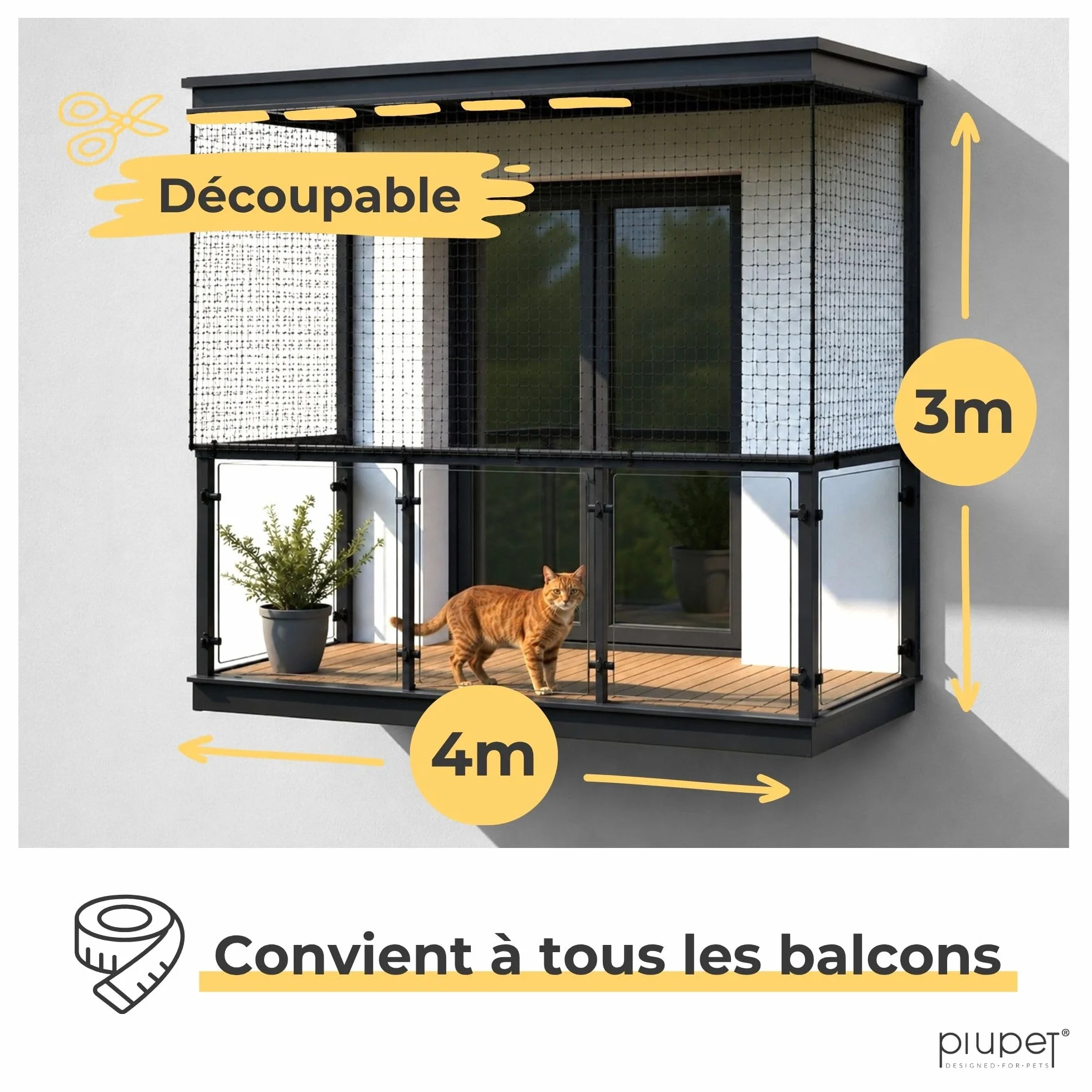 PiuPet® Filet pour Chat 4x3m renforcé avec Corde de Fixation Protection Balcon